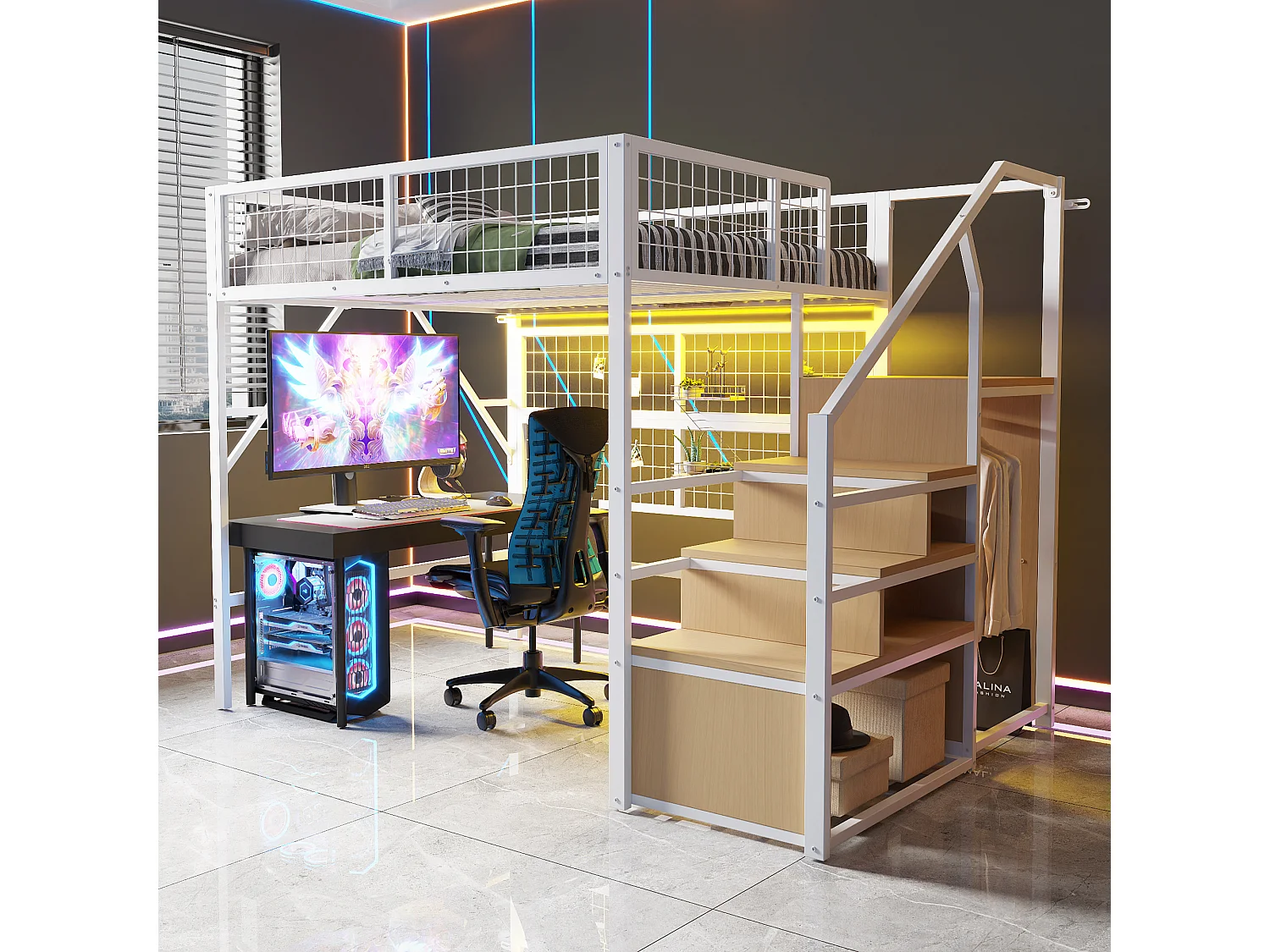 Lit mezzanine 140x200 - avec éclairage LED - avec escalier de rangement - avec penderie ouverte - Blanc (sans matelas)