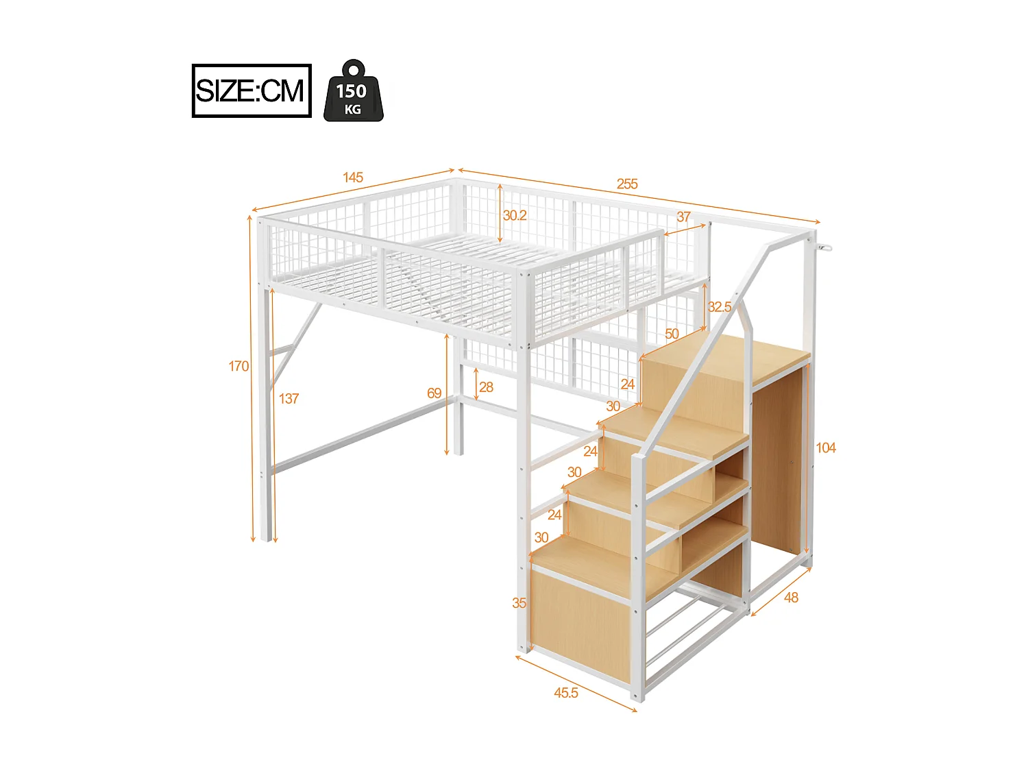 Lit mezzanine 140x200 - avec éclairage LED - avec escalier de rangement - avec penderie ouverte - Blanc (sans matelas)