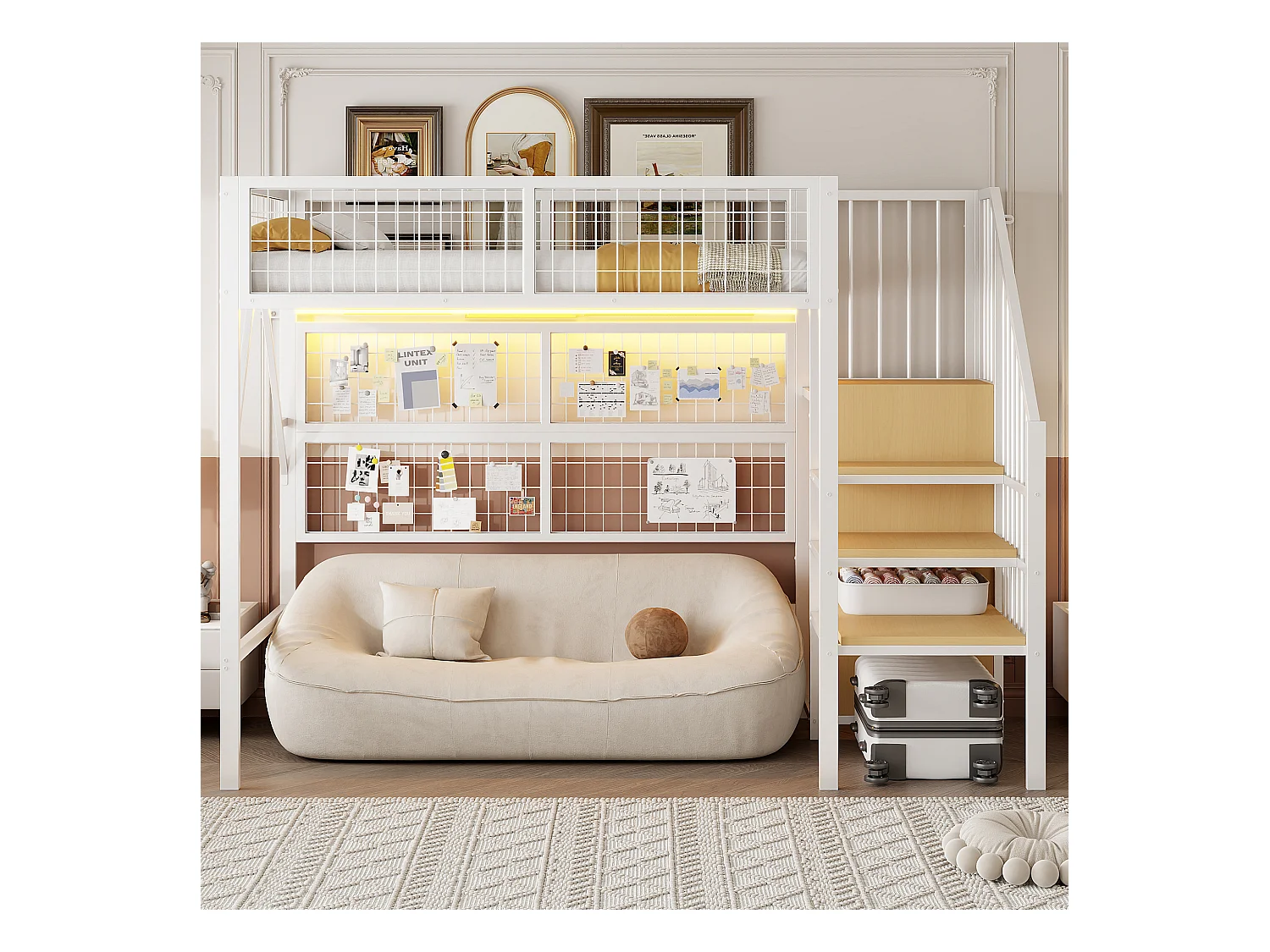 Loftbed 90x200 - met LED-verlichting - met opbergtrap - met open kledingkast - wit (zonder matras)