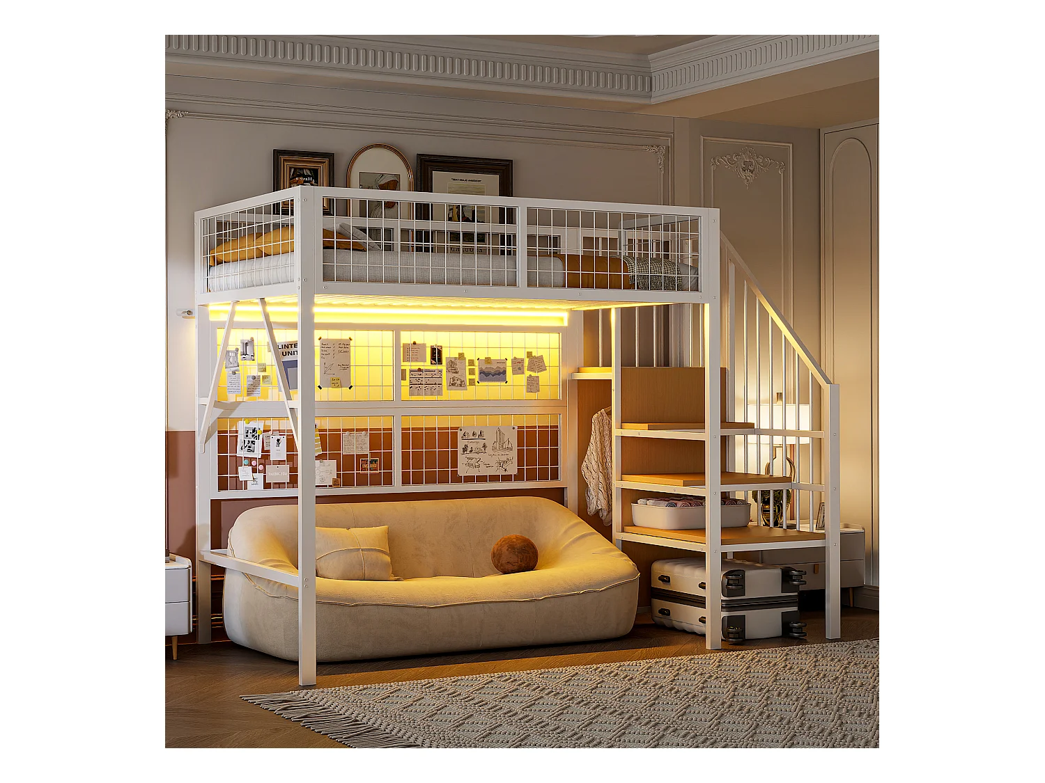 Loftbed 90x200 - met LED-verlichting - met opbergtrap - met open kledingkast - wit (zonder matras)