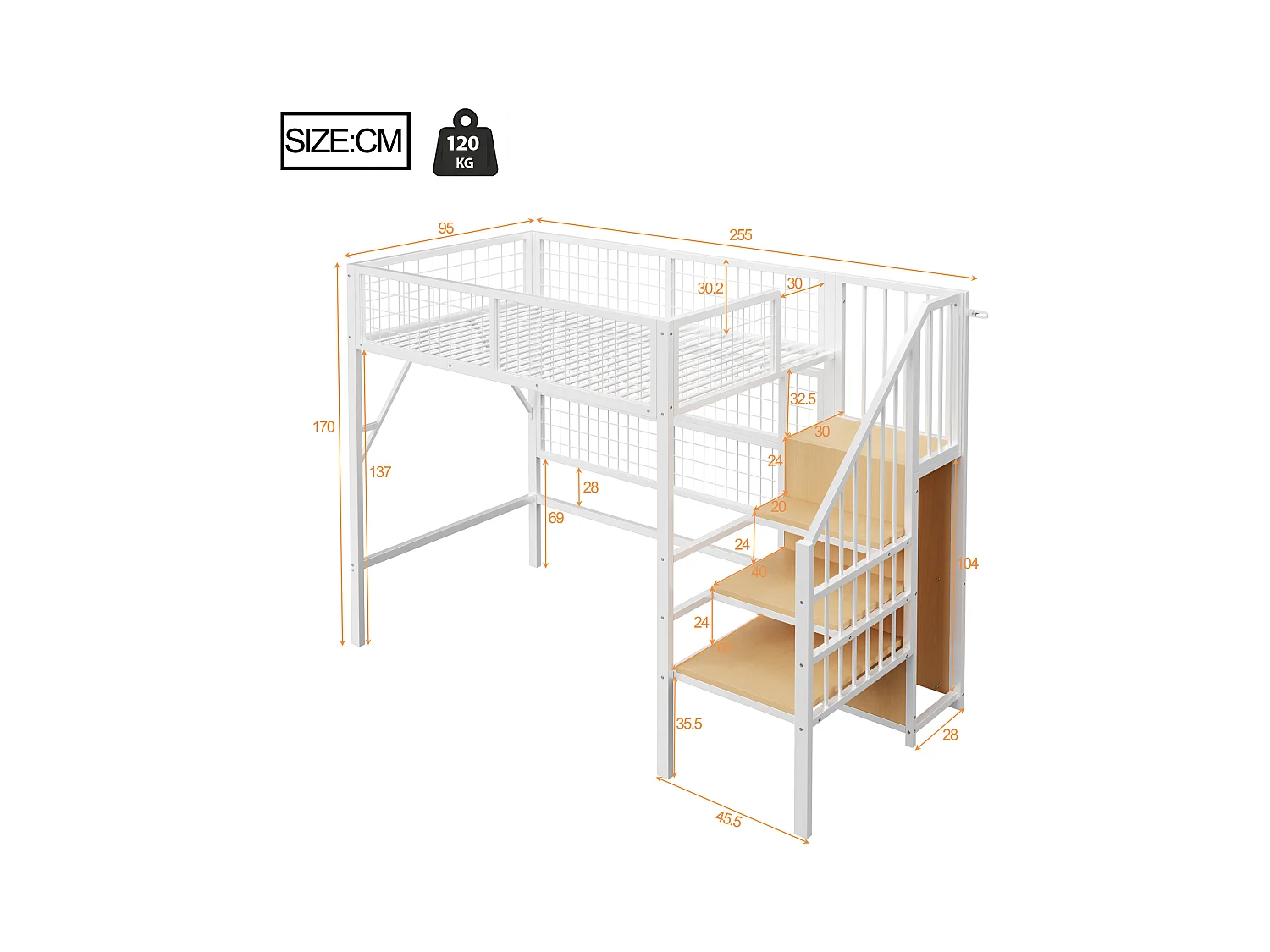 Loftbed 90x200 - met LED-verlichting - met opbergtrap - met open kledingkast - wit (zonder matras)