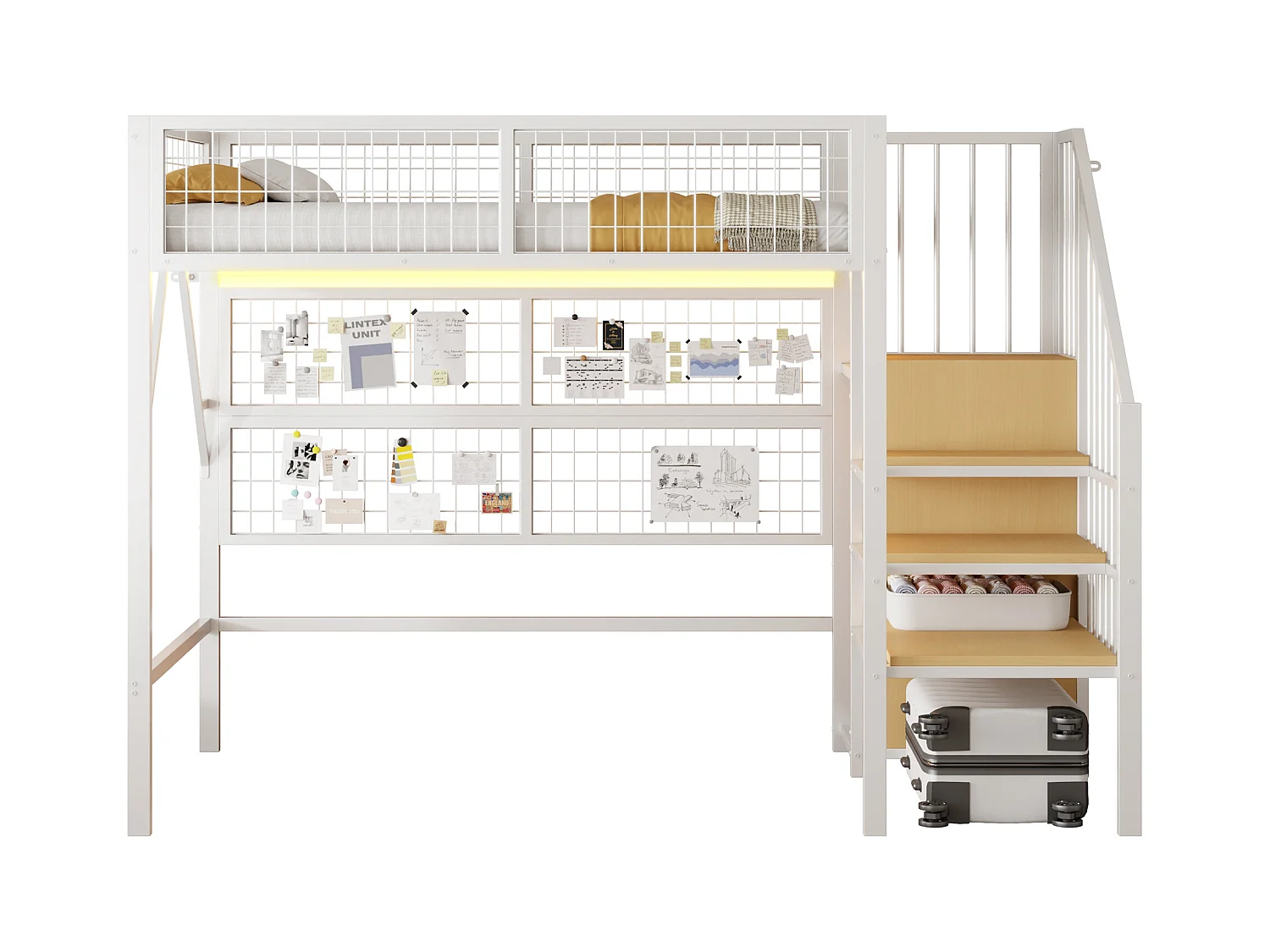 Loftbed 90x200 - met LED-verlichting - met opbergtrap - met open kledingkast - wit (zonder matras)