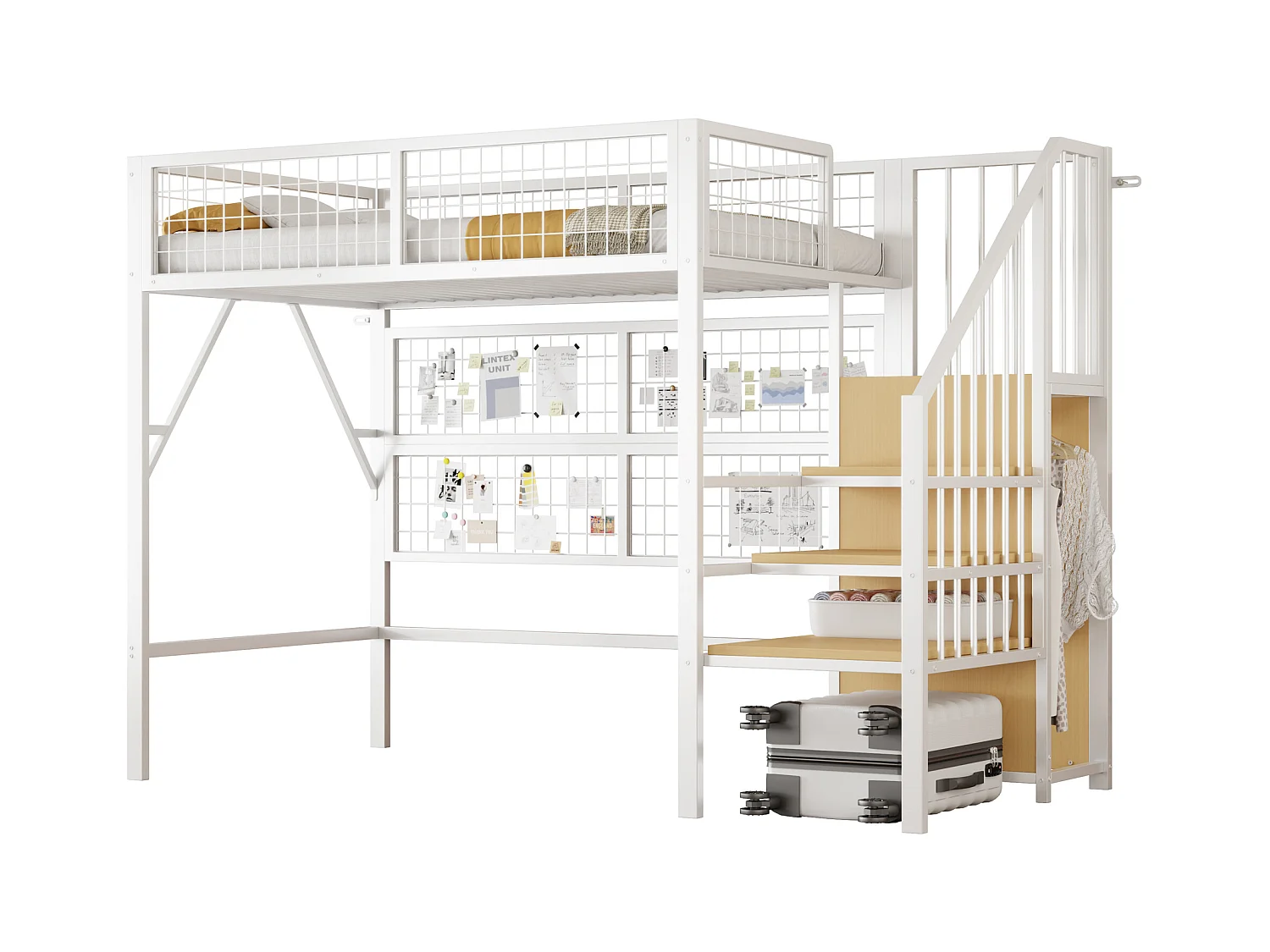 Loftbed 90x200 - met LED-verlichting - met opbergtrap - met open kledingkast - wit (zonder matras)