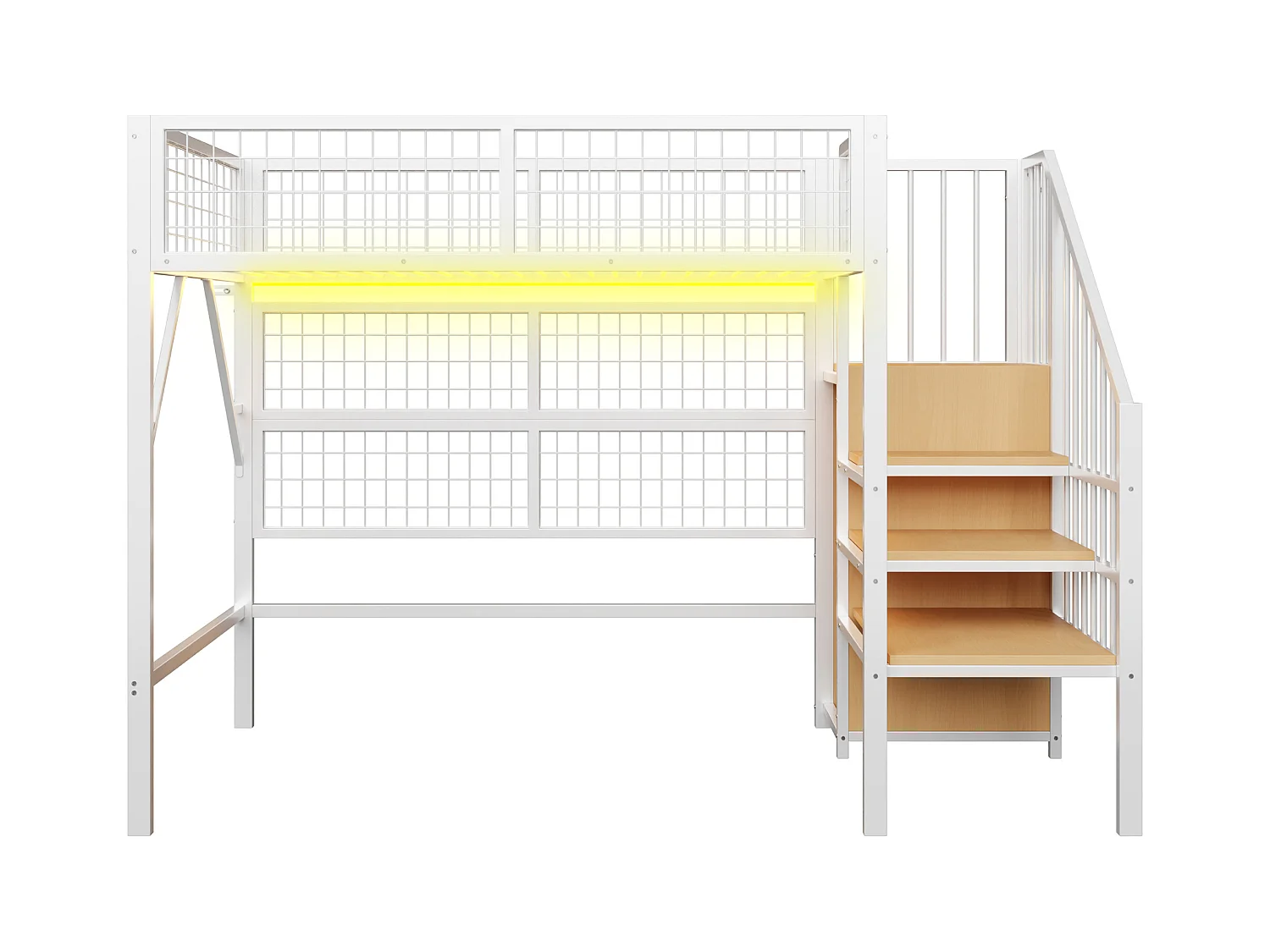 Loftbed 90x200 - met LED-verlichting - met opbergtrap - met open kledingkast - wit (zonder matras)