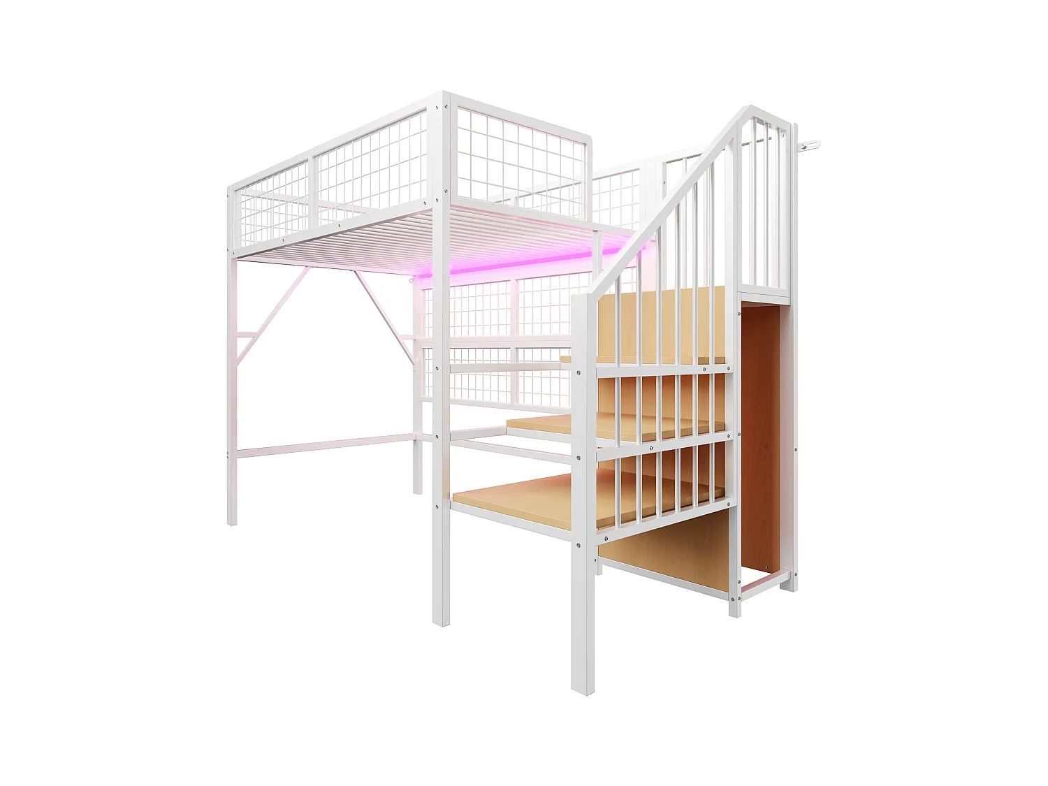 Loftbed 90x200 - met LED-verlichting - met opbergtrap - met open kledingkast - wit (zonder matras)