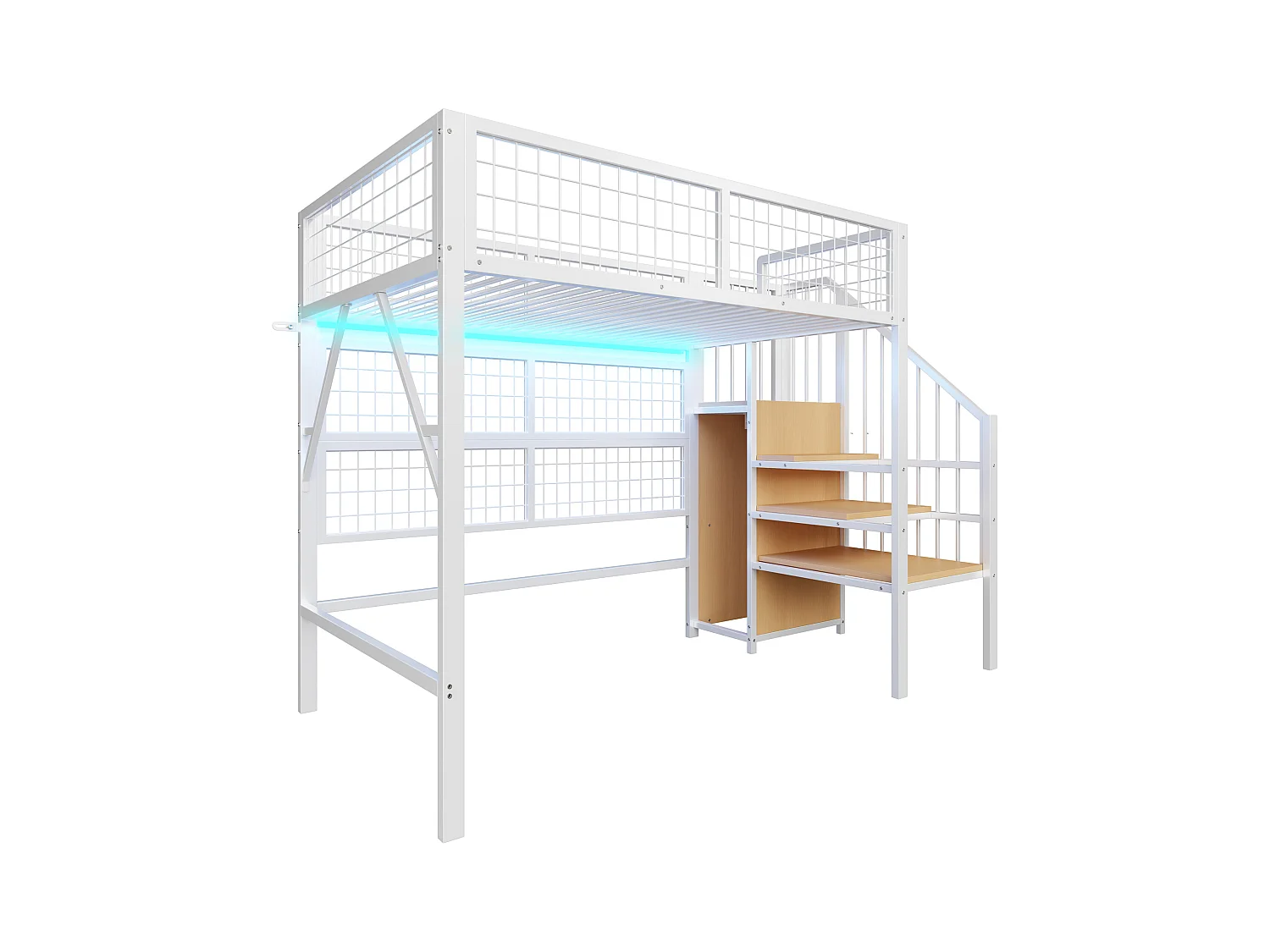 Loftbed 90x200 - met LED-verlichting - met opbergtrap - met open kledingkast - wit (zonder matras)