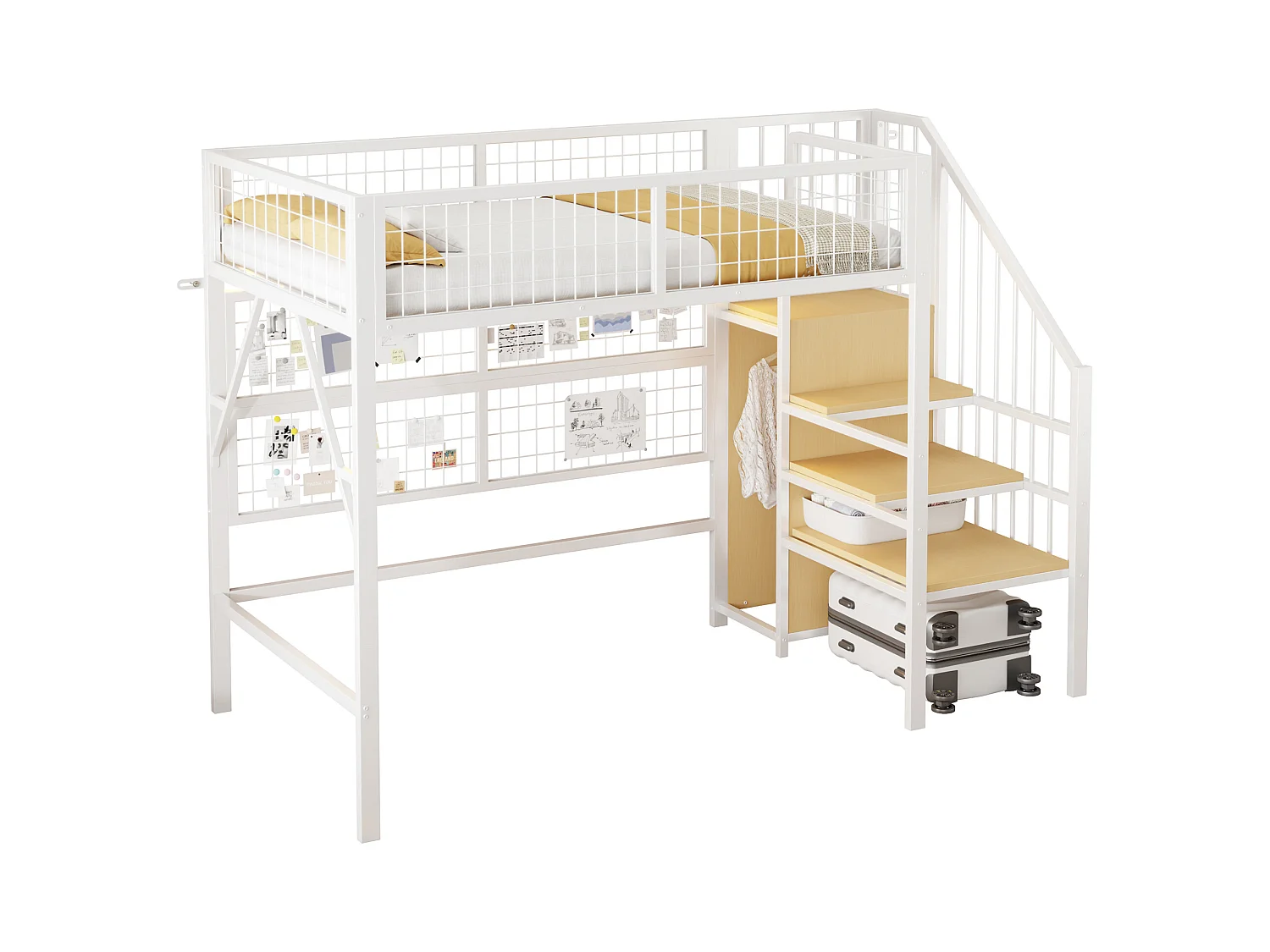 Loftbed 90x200 - met LED-verlichting - met opbergtrap - met open kledingkast - wit (zonder matras)