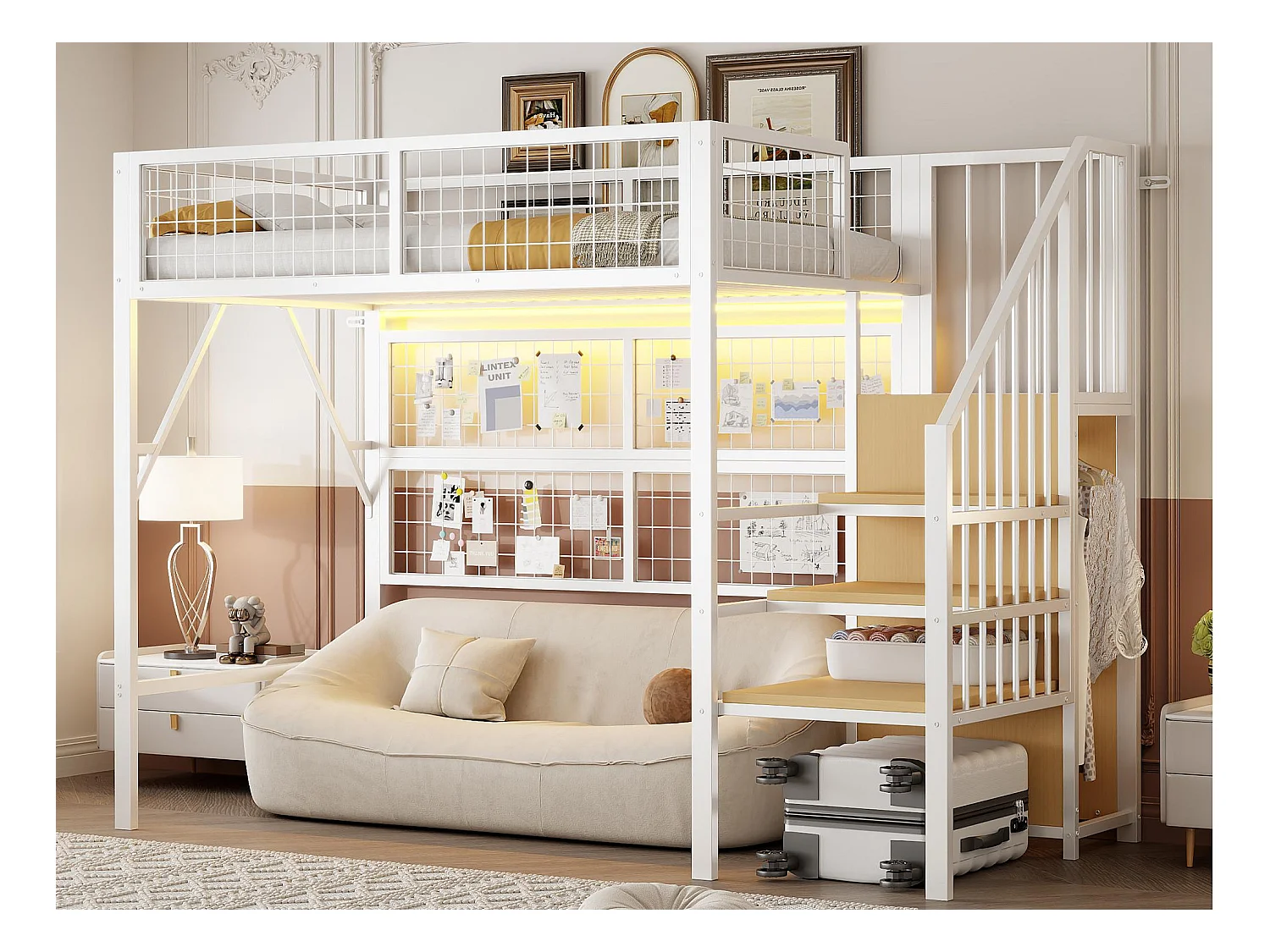 Lit mezzanine 90x200 - avec éclairage LED - avec escalier de rangement - avec penderie ouverte - Blanc (sans matelas)