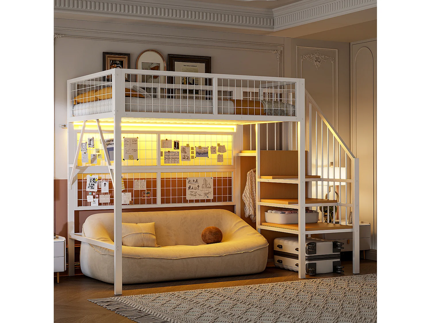 Hochbett 90x200 - mit LED-Beleuchtung - mit Aufbewahrungstreppe - mit offenem Kleiderschrank - weiß (ohne Matratze)