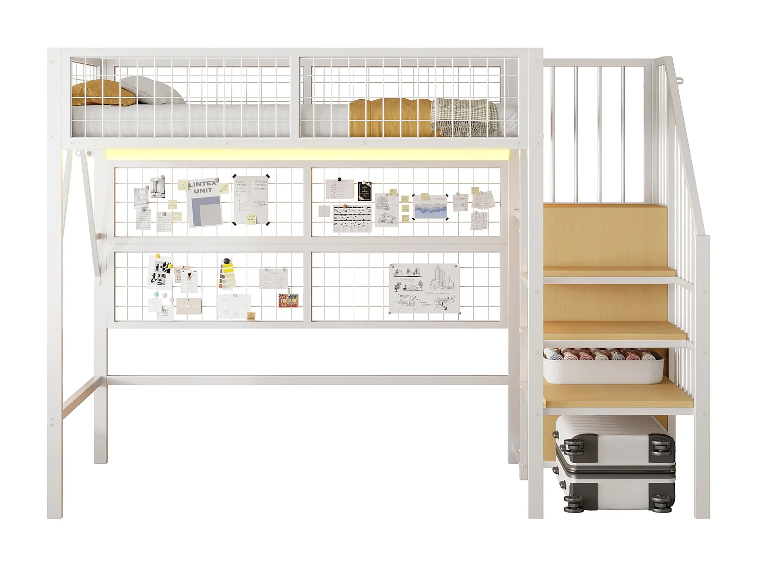 Hochbett 90x200 - mit LED-Beleuchtung - mit Aufbewahrungstreppe - mit offenem Kleiderschrank - weiß (ohne Matratze)