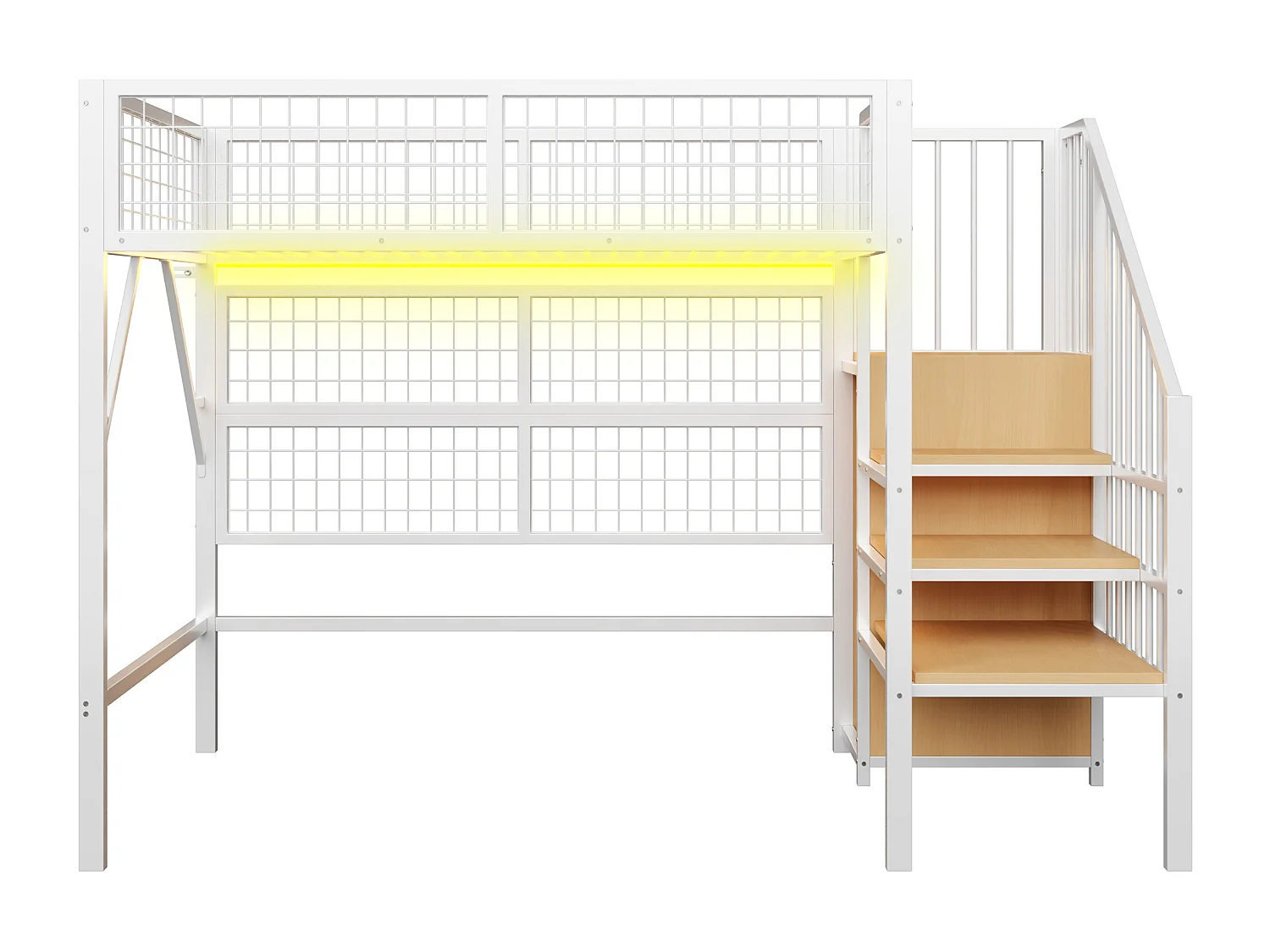 Hochbett 90x200 - mit LED-Beleuchtung - mit Aufbewahrungstreppe - mit offenem Kleiderschrank - weiß (ohne Matratze)