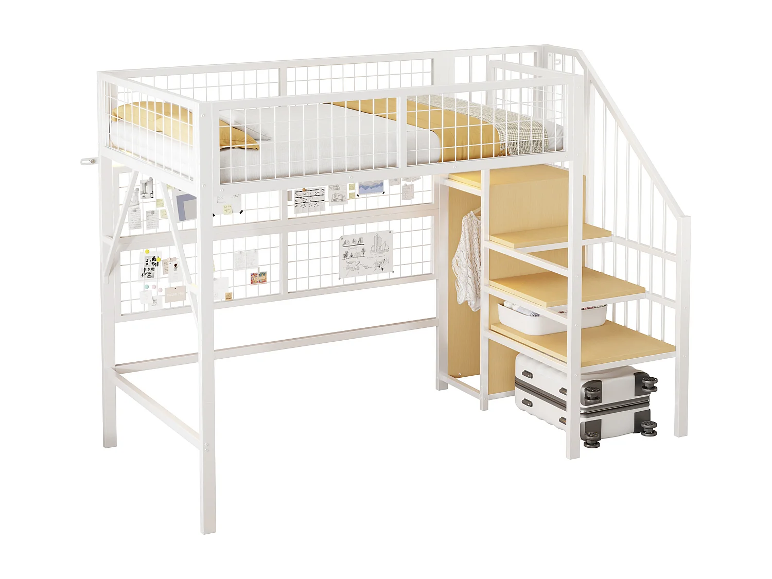 Hochbett 90x200 - mit LED-Beleuchtung - mit Aufbewahrungstreppe - mit offenem Kleiderschrank - weiß (ohne Matratze)