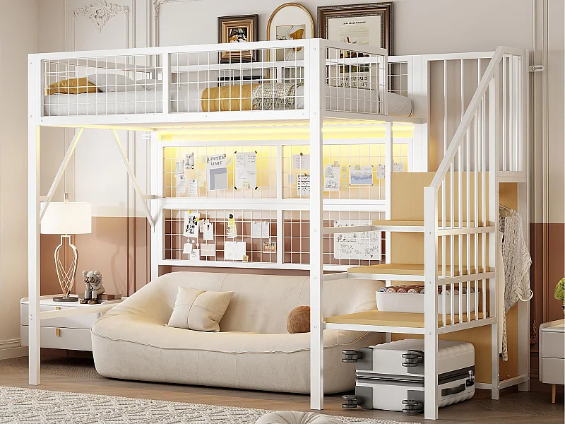 Loftbed 90x200 - met LED-verlichting - met opbergtrap - met open kledingkast - wit (zonder matras)