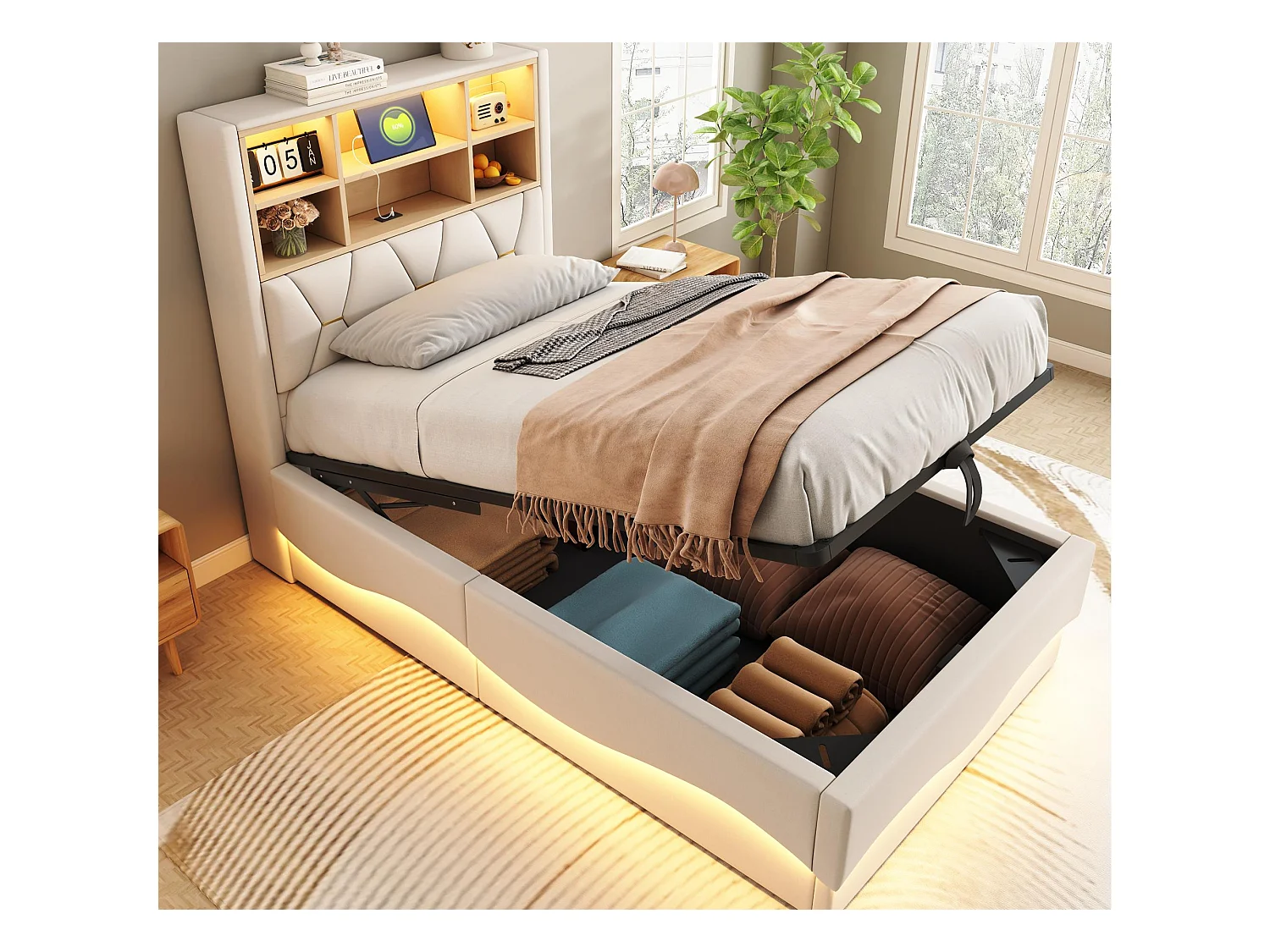 Kinderopbergbed 90x200 cm - met LED-lichtstrip - met USB-oplaadpoort - linnen - beige (zonder matras)