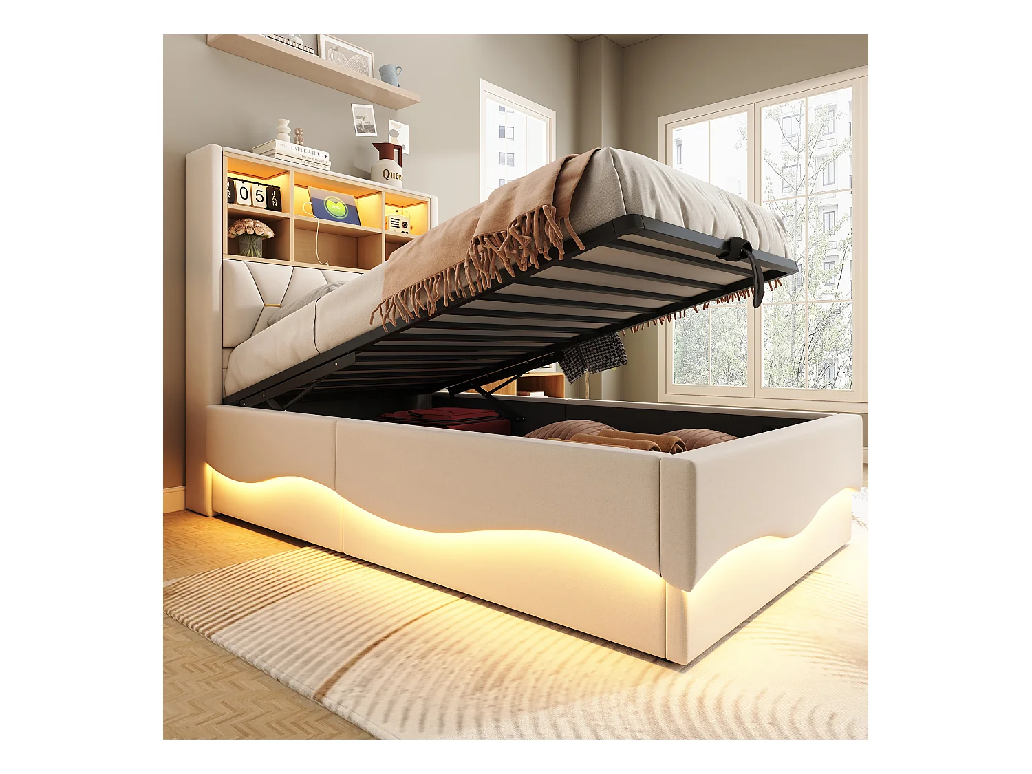 Kinderopbergbed 90x200 cm - met LED-lichtstrip - met USB-oplaadpoort - linnen - beige (zonder matras)