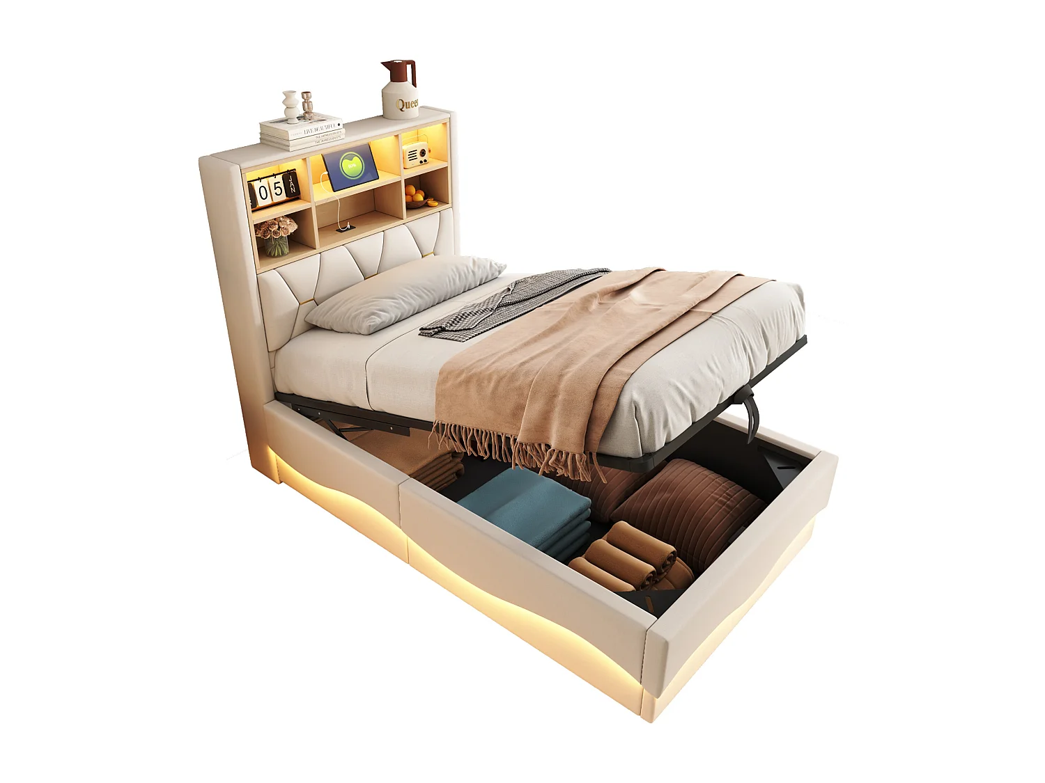 Kinderopbergbed 90x200 cm - met LED-lichtstrip - met USB-oplaadpoort - linnen - beige (zonder matras)