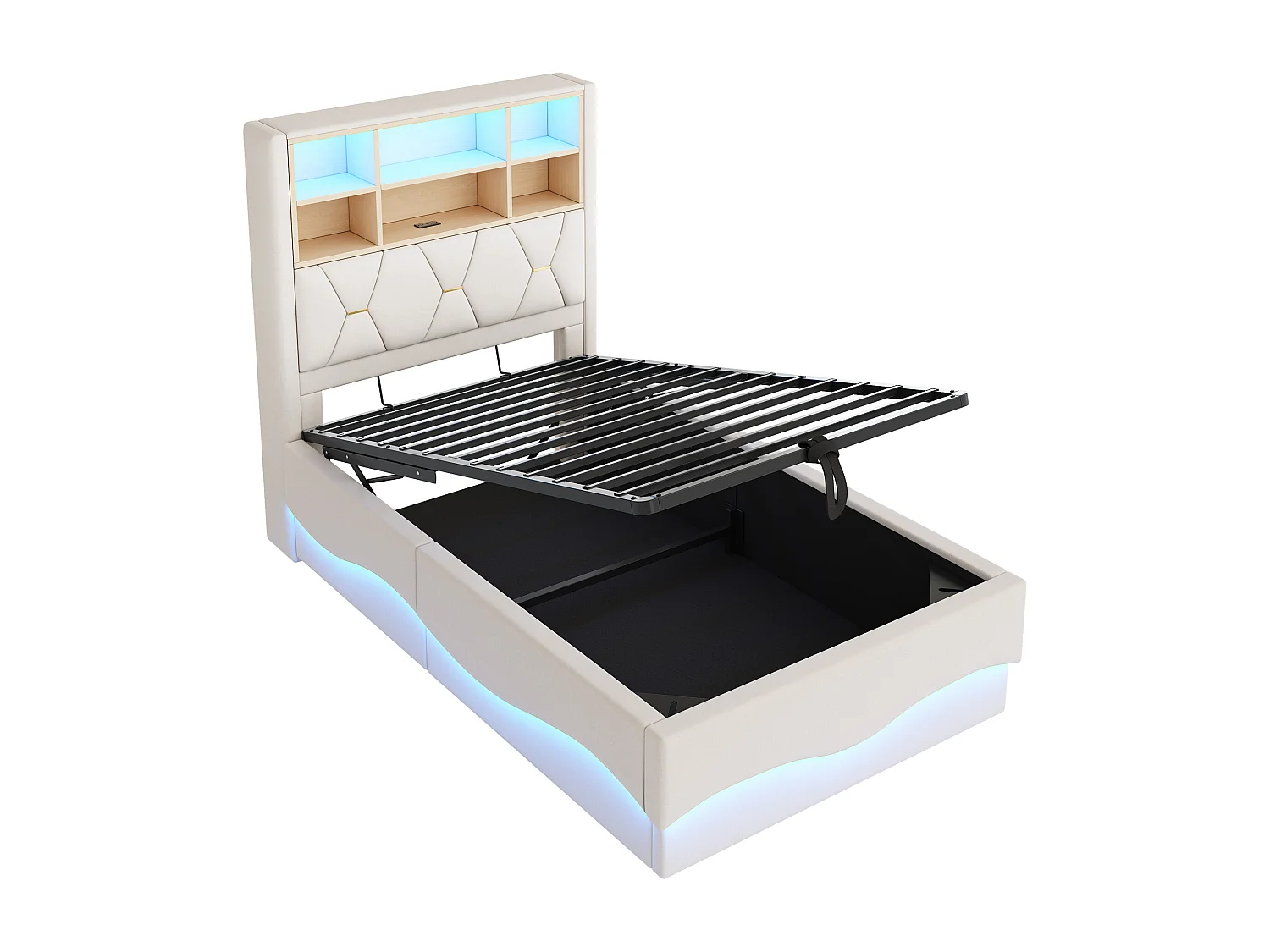 Kinderopbergbed 90x200 cm - met LED-lichtstrip - met USB-oplaadpoort - linnen - beige (zonder matras)