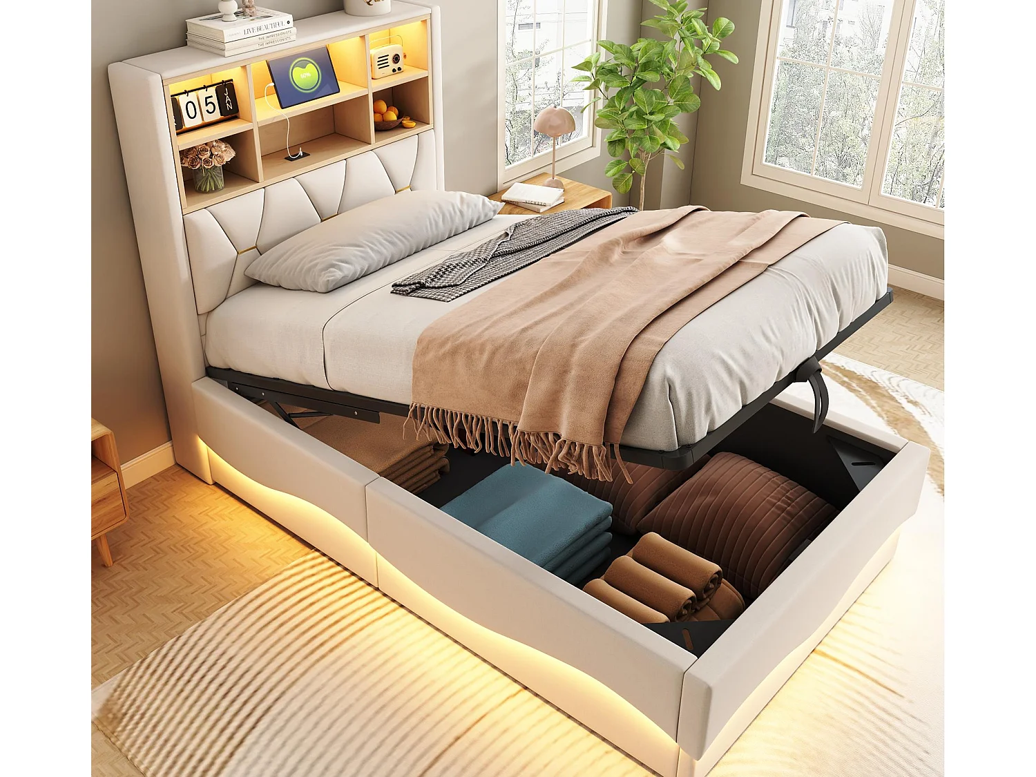 Lit coffre enfant 90×200 cm - avec bande lumineuse LED - avec port de charge USB - lin - beige (sans matelas)