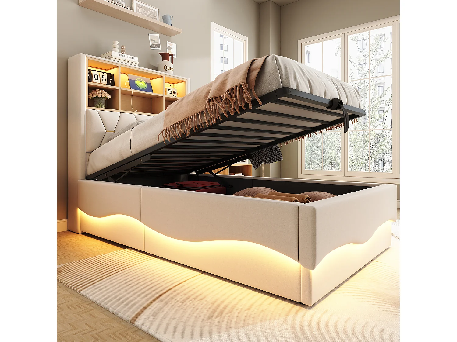 Lit coffre enfant 90×200 cm - avec bande lumineuse LED - avec port de charge USB - lin - beige (sans matelas)