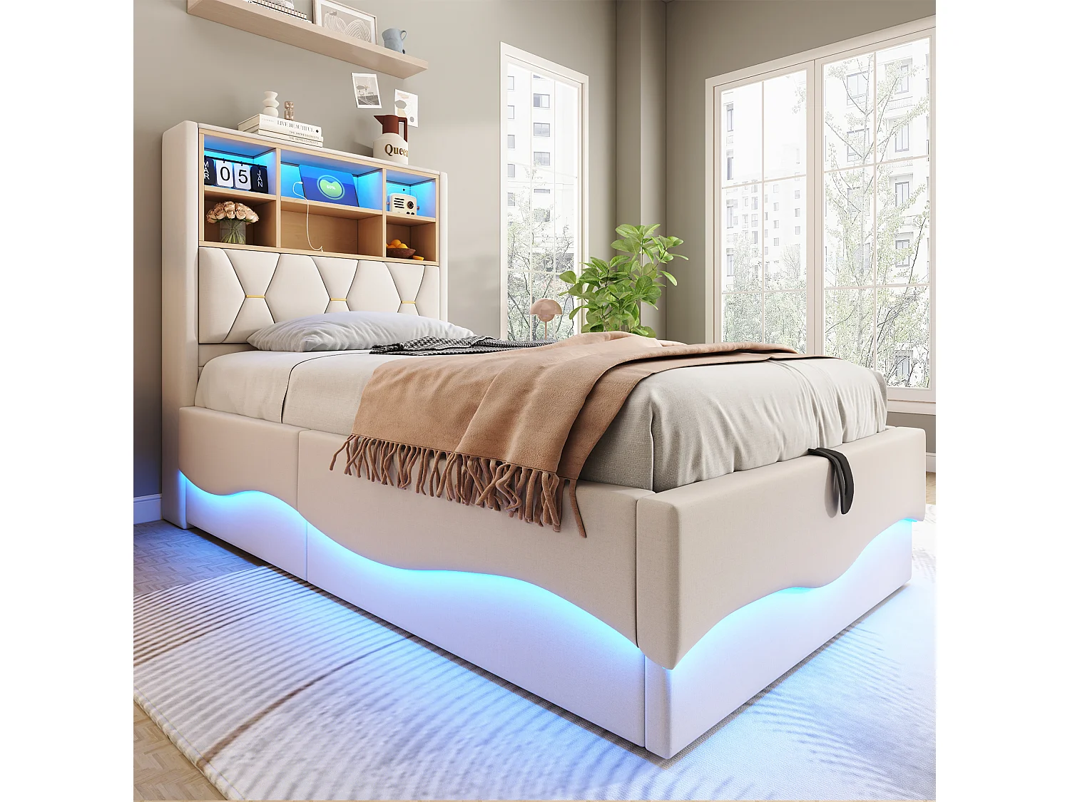 Lit coffre enfant 90×200 cm - avec bande lumineuse LED - avec port de charge USB - lin - beige (sans matelas)