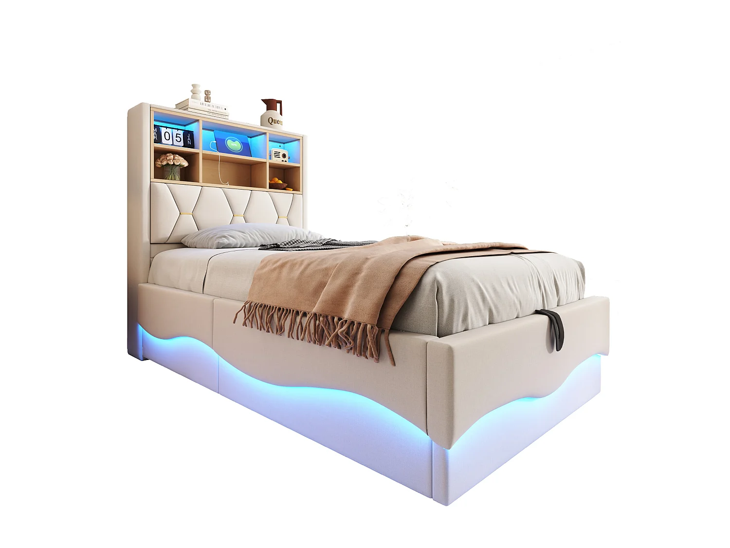 Lit coffre enfant 90×200 cm - avec bande lumineuse LED - avec port de charge USB - lin - beige (sans matelas)
