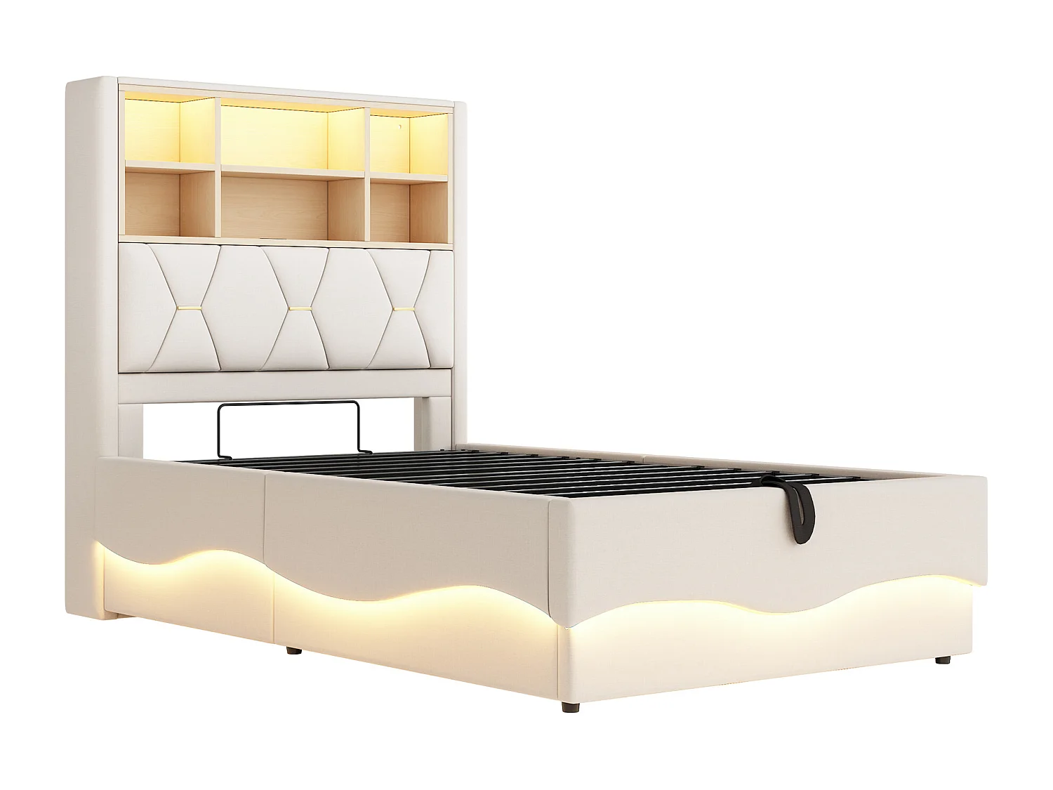 Lit coffre enfant 90×200 cm - avec bande lumineuse LED - avec port de charge USB - lin - beige (sans matelas)