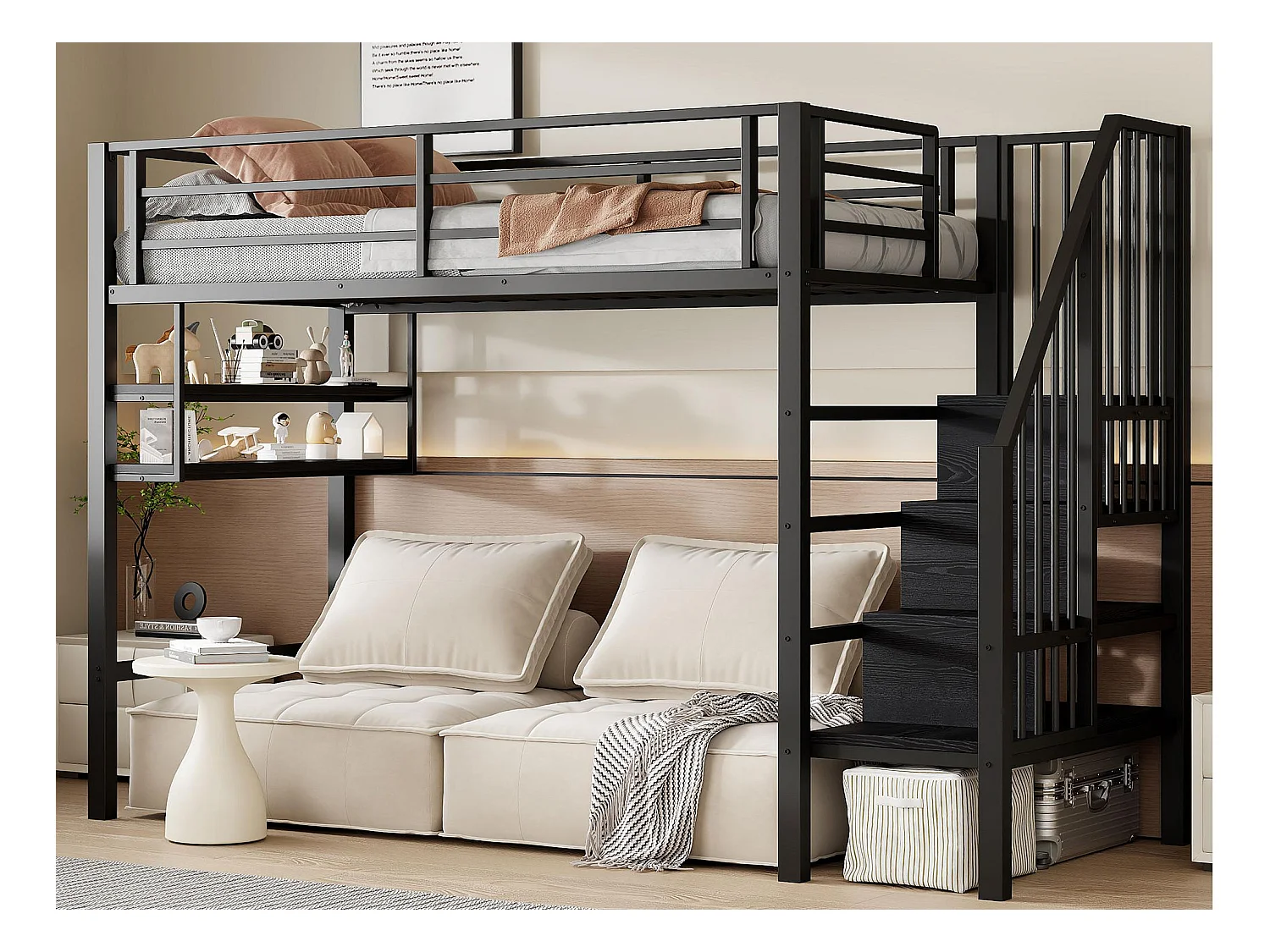 Letto a soppalco 90x200cm - con scala di stoccaggio - con barriere - nero (senza materasso)