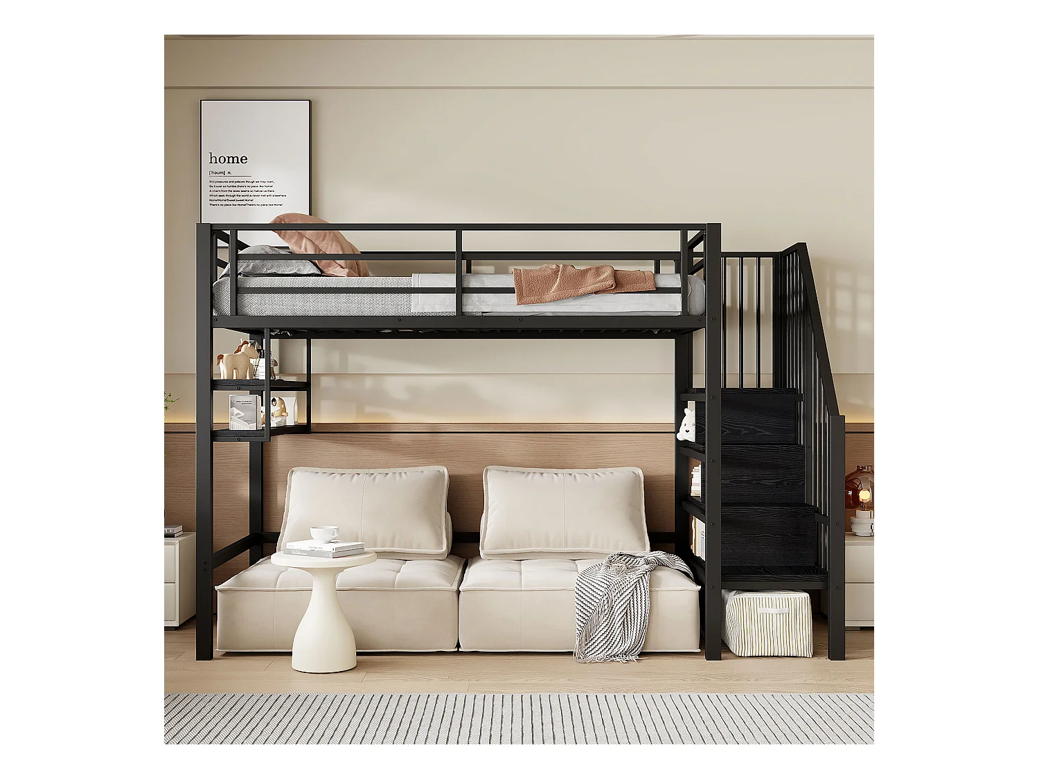 Letto a soppalco 90x200cm - con scala di stoccaggio - con barriere - nero (senza materasso)