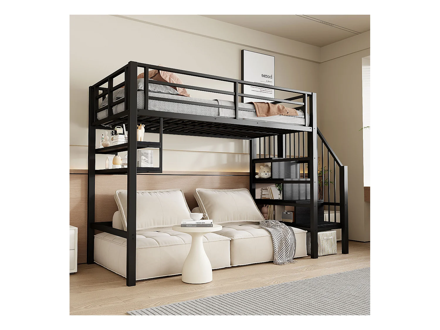 Letto a soppalco 90x200cm - con scala di stoccaggio - con barriere - nero (senza materasso)