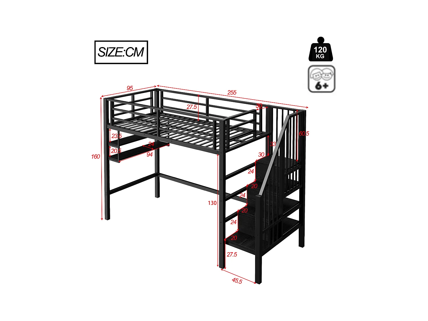 Letto a soppalco 90x200cm - con scala di stoccaggio - con barriere - nero (senza materasso)