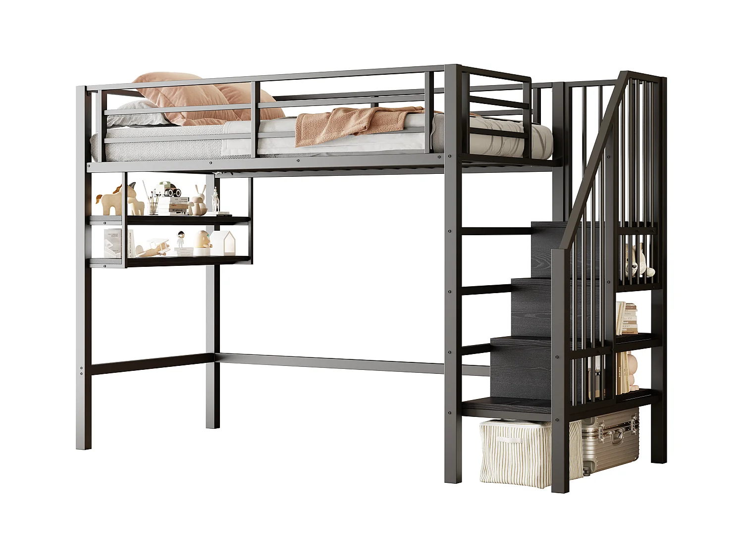 Letto a soppalco 90x200cm - con scala di stoccaggio - con barriere - nero (senza materasso)