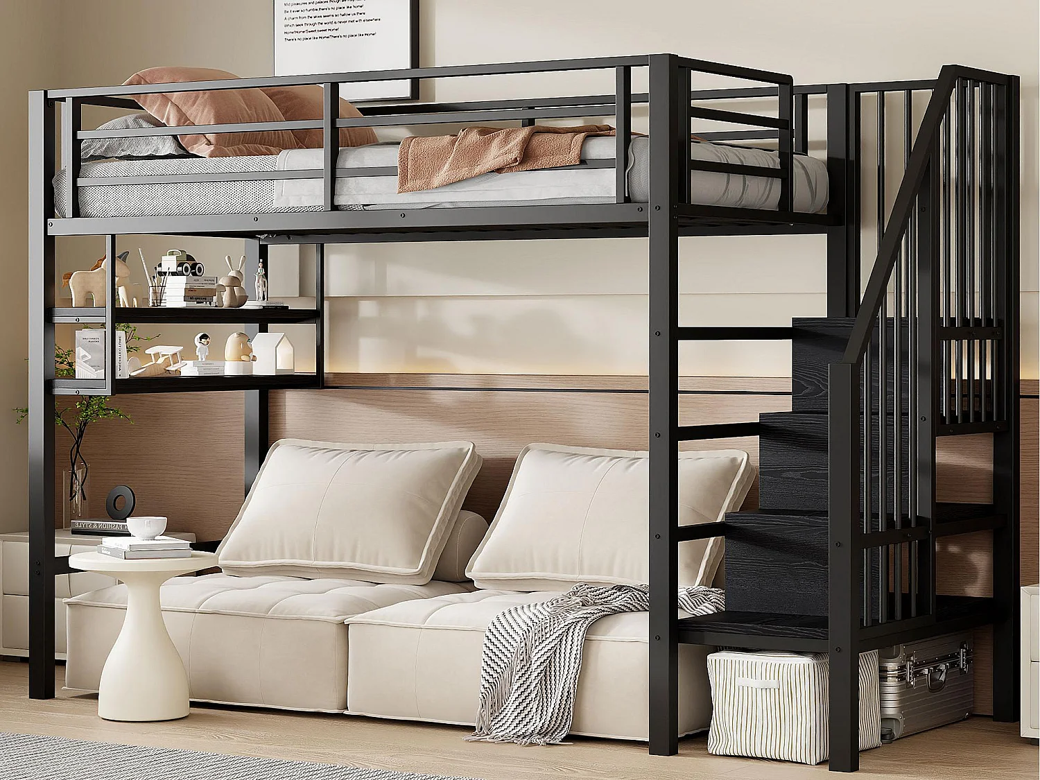 Lit mezzanine 90x200cm - avec échelle de rangement - avec barrières - noir (sans matelas)