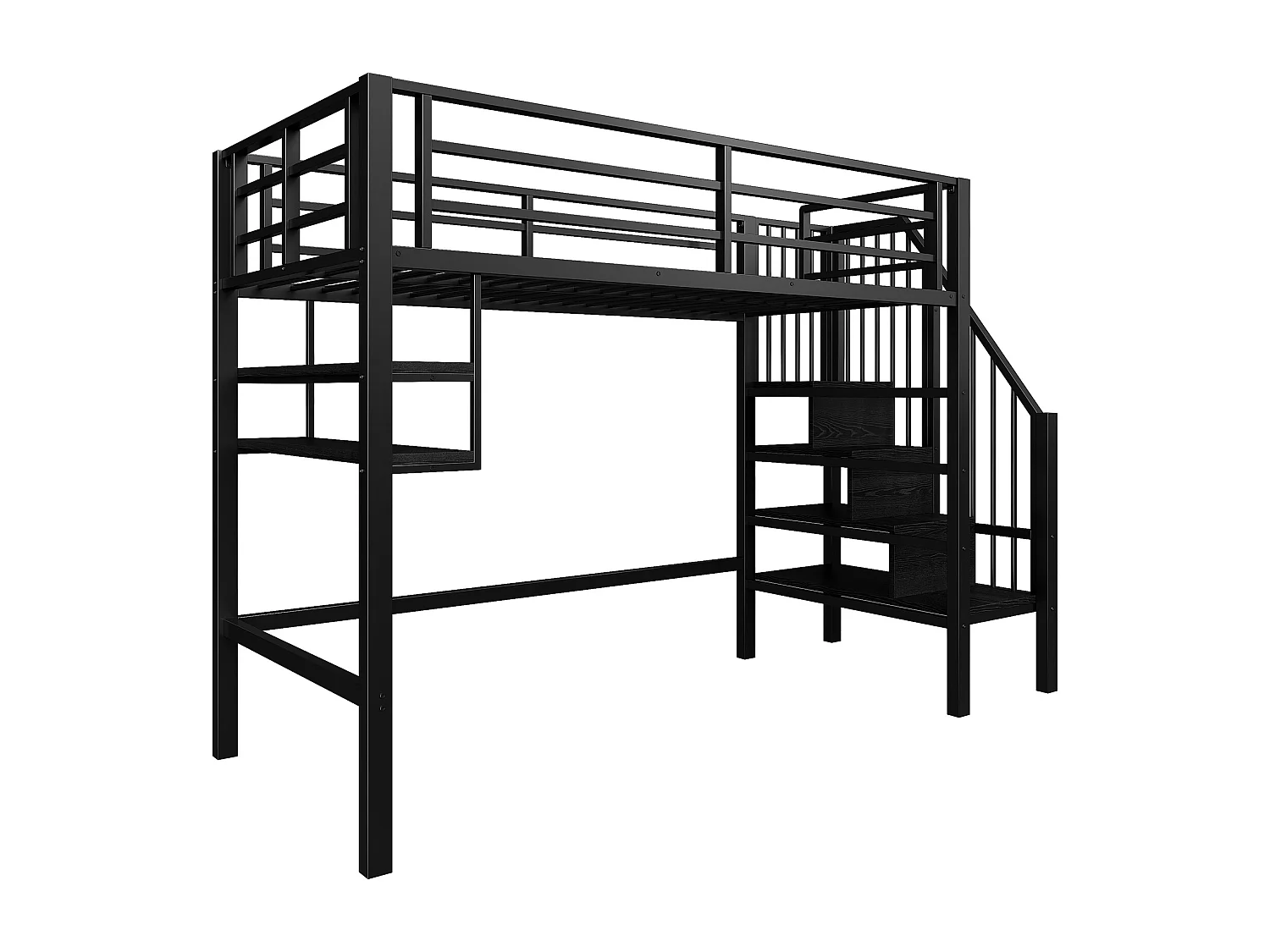Lit mezzanine 90x200cm - avec échelle de rangement - avec barrières - noir (sans matelas)