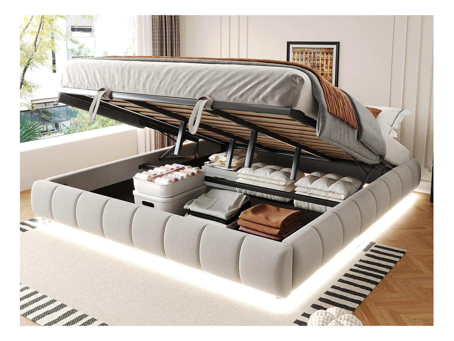 Lit coffre rembourré 180x200cm - avec bande lumineuse LED (couleur unie) - Beige (matelas non inclus)