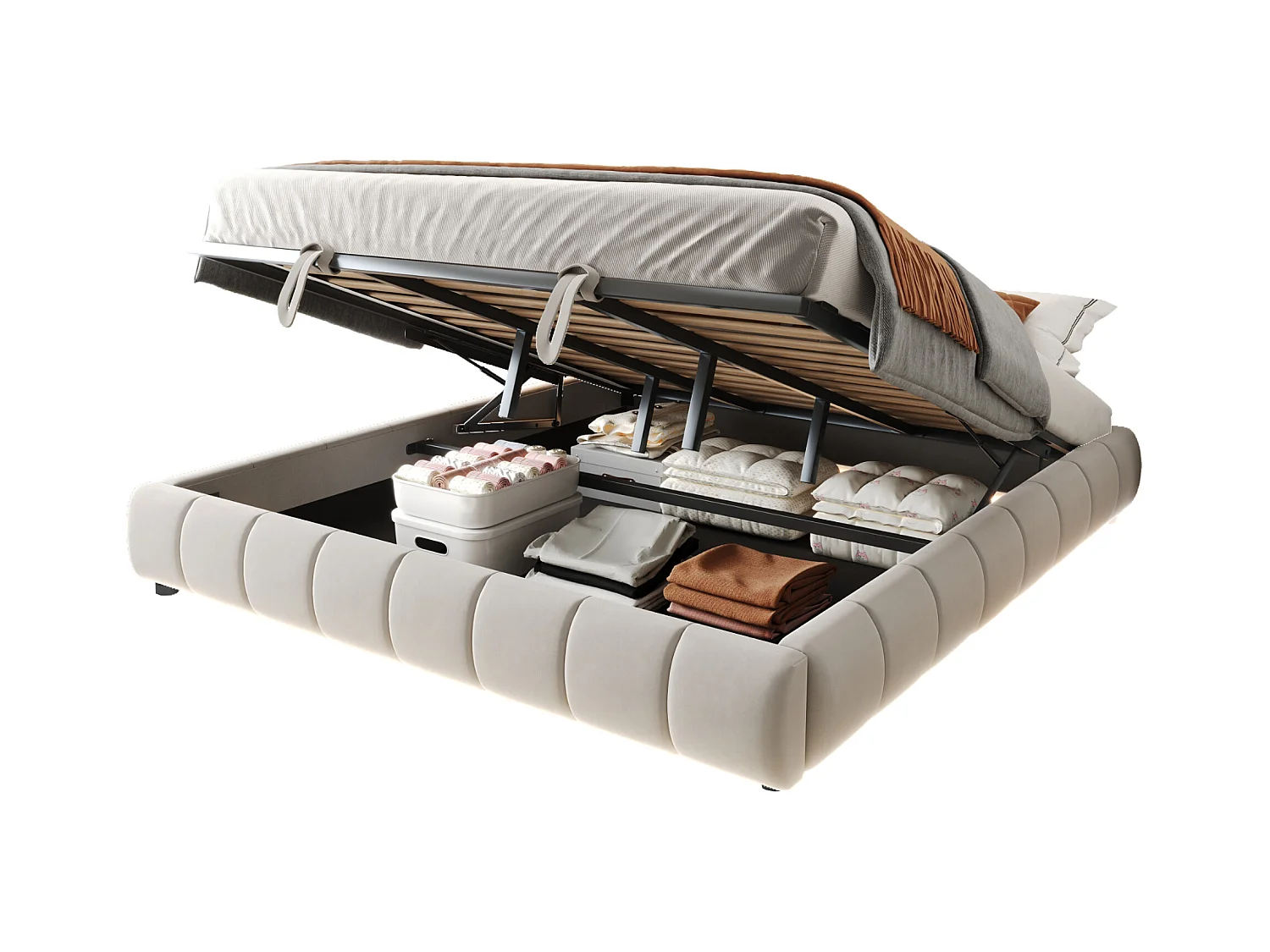 Lit coffre rembourré 180x200cm - avec bande lumineuse LED (couleur unie) - Beige (matelas non inclus)