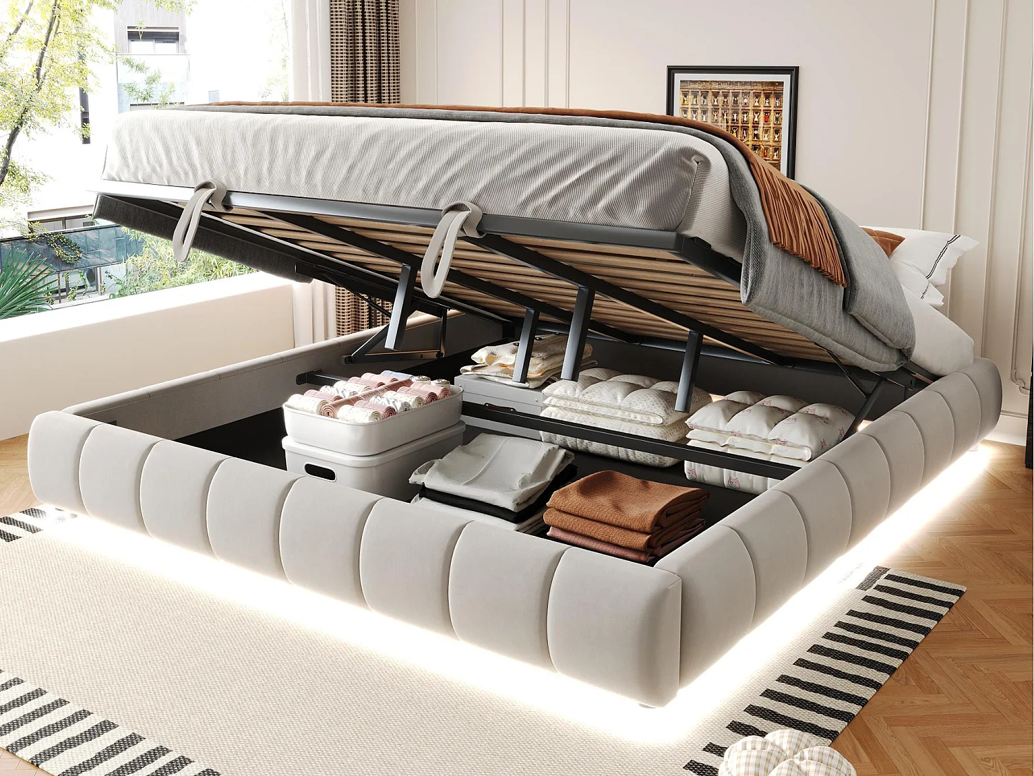 Gepolstertes Bett mit Stauraum 180x200cm - mit LED-Lichtleiste (einfarbig) - Beige (Matratze nicht enthalten)