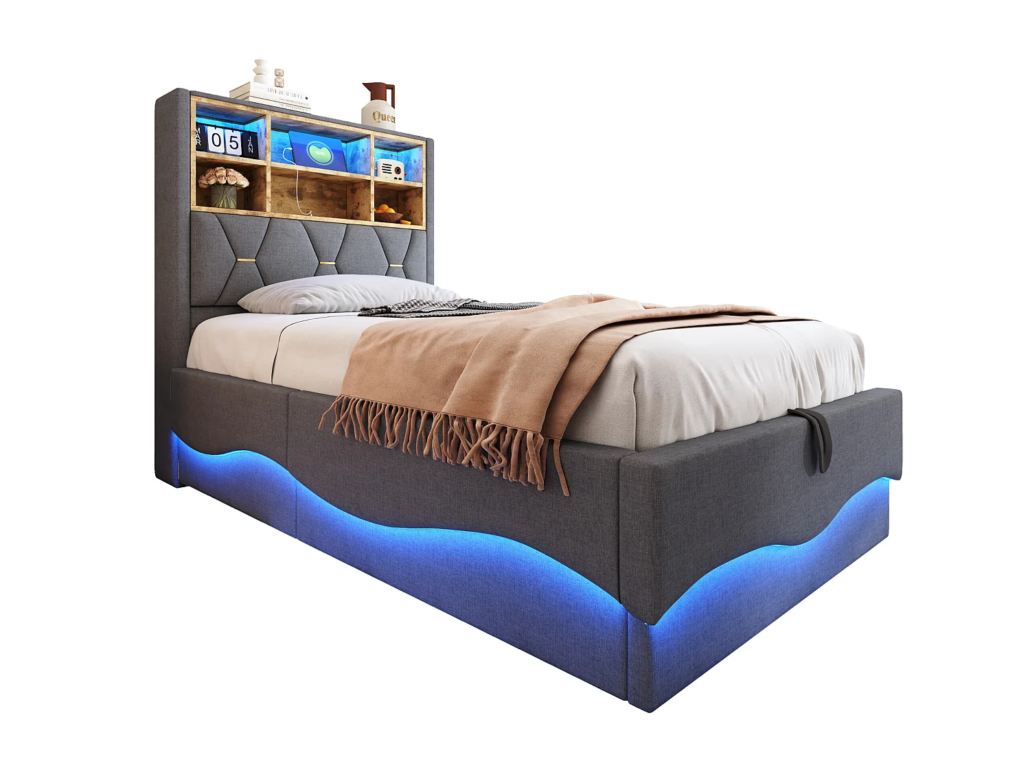 Lit coffre enfant 90×200 cm - avec bande lumineuse LED - avec port de charge USB - lin - gris (sans matelas)