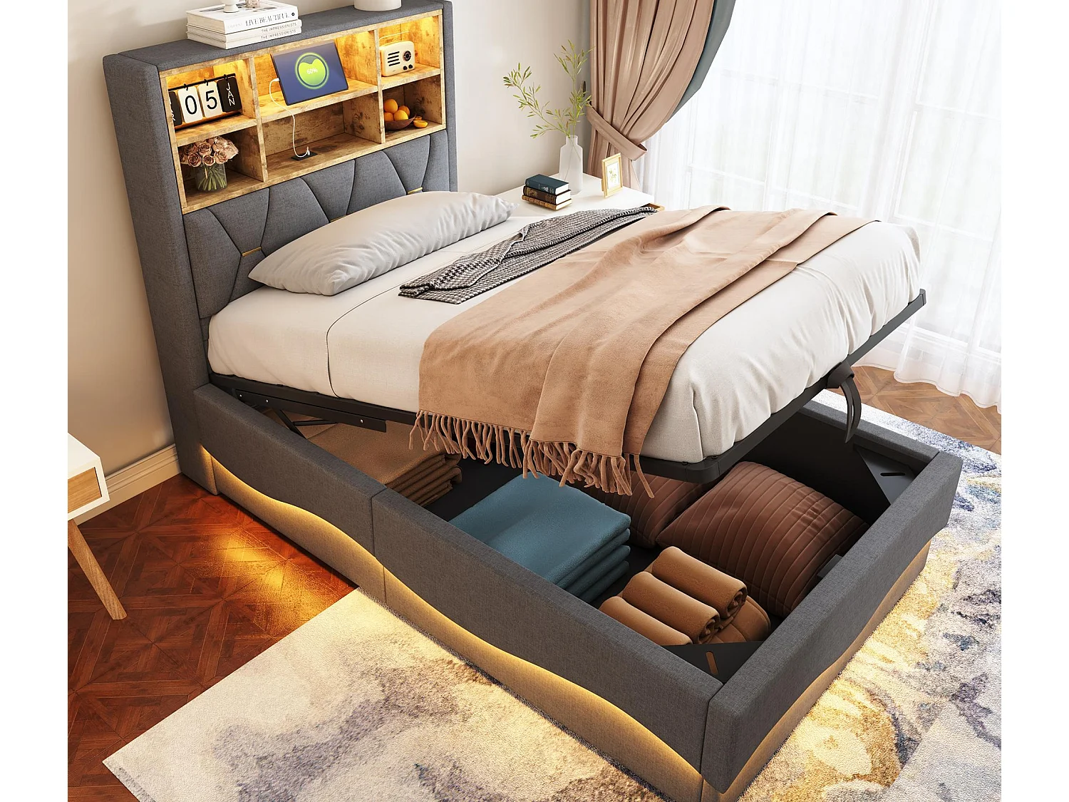 Lit coffre enfant 90×200 cm - avec bande lumineuse LED - avec port de charge USB - lin - gris (sans matelas)