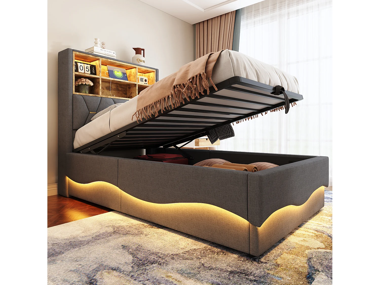 Lit coffre enfant 90×200 cm - avec bande lumineuse LED - avec port de charge USB - lin - gris (sans matelas)