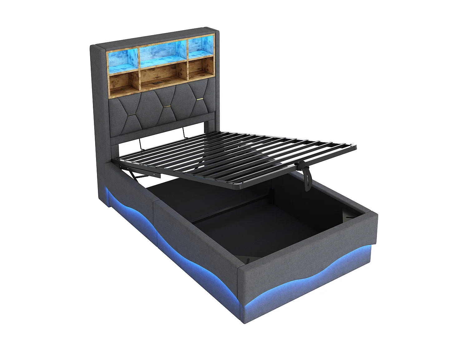 Lit coffre enfant 90×200 cm - avec bande lumineuse LED - avec port de charge USB - lin - gris (sans matelas)