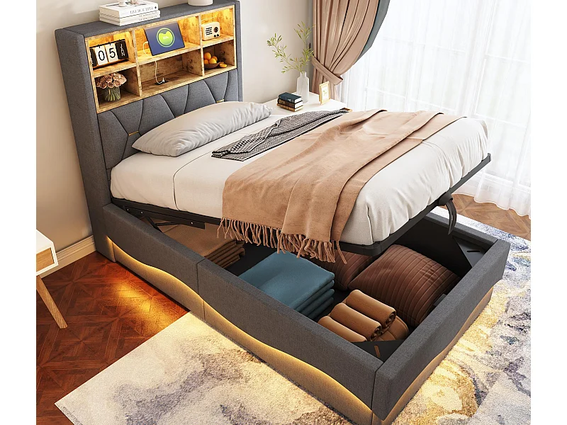 Kinderbett mit Stauraum 90x200 cm - mit LED-Lichtleiste - mit USB-Ladeanschluss - Leinen - Grau (ohne Matratze)