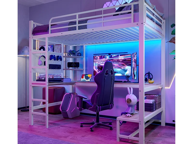 Cama mezzanine 90x200cm - com secretária + corrimão - com portas USB + Type-C - com faixa de luz LED - branca
