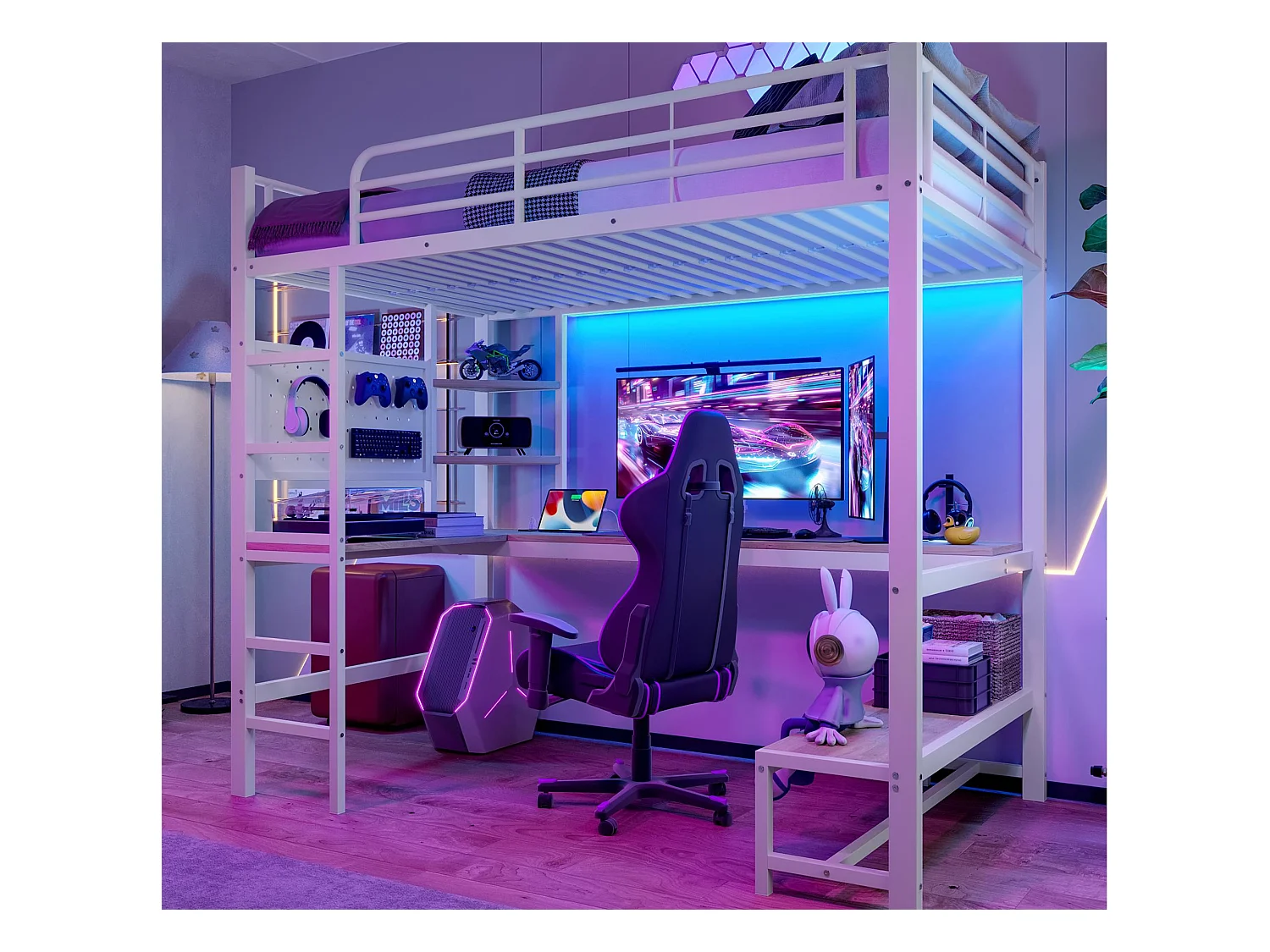 Cama mezzanine 90x200cm - com secretária + corrimão - com portas USB + Type-C - com faixa de luz LED - branca