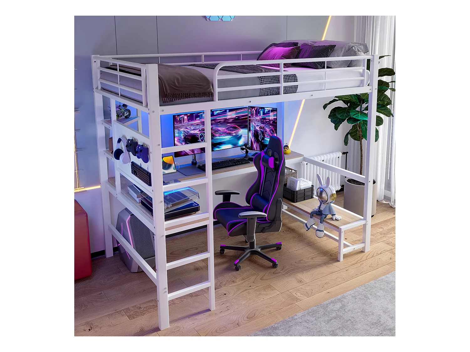 Cama mezzanine 90x200cm - com secretária + corrimão - com portas USB + Type-C - com faixa de luz LED - branca