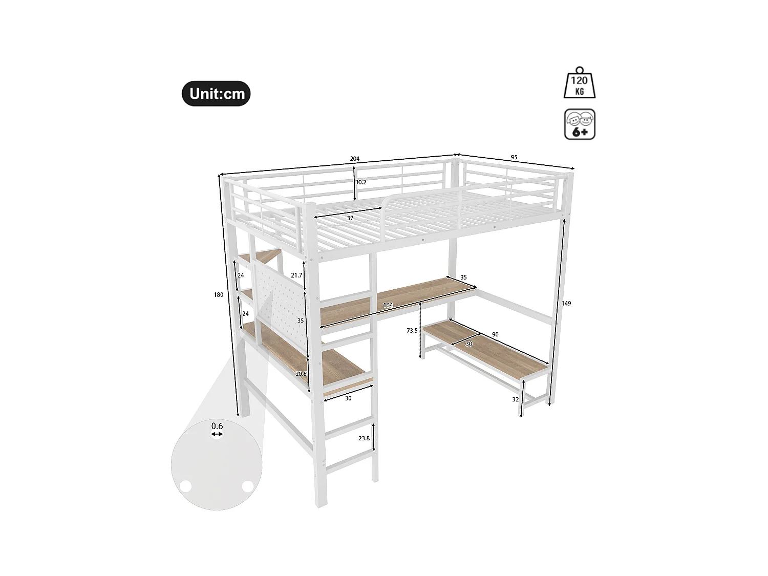 Cama mezzanine 90x200cm - com secretária + corrimão - com portas USB + Type-C - com faixa de luz LED - branca