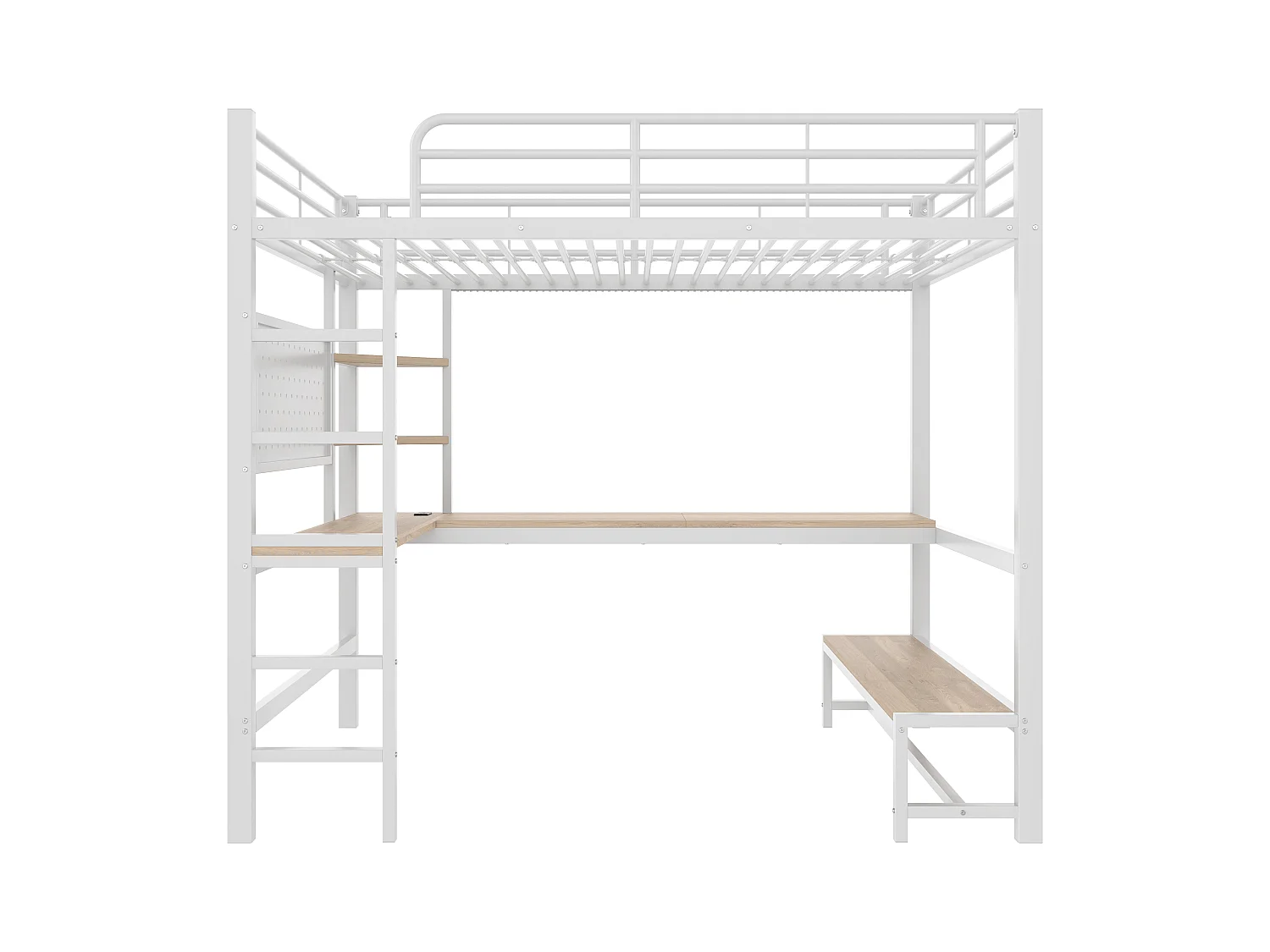 Cama mezzanine 90x200cm - com secretária + corrimão - com portas USB + Type-C - com faixa de luz LED - branca