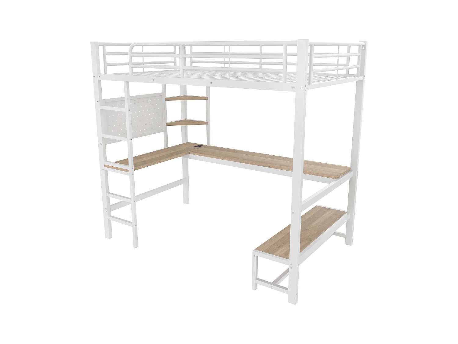Cama mezzanine 90x200cm - com secretária + corrimão - com portas USB + Type-C - com faixa de luz LED - branca