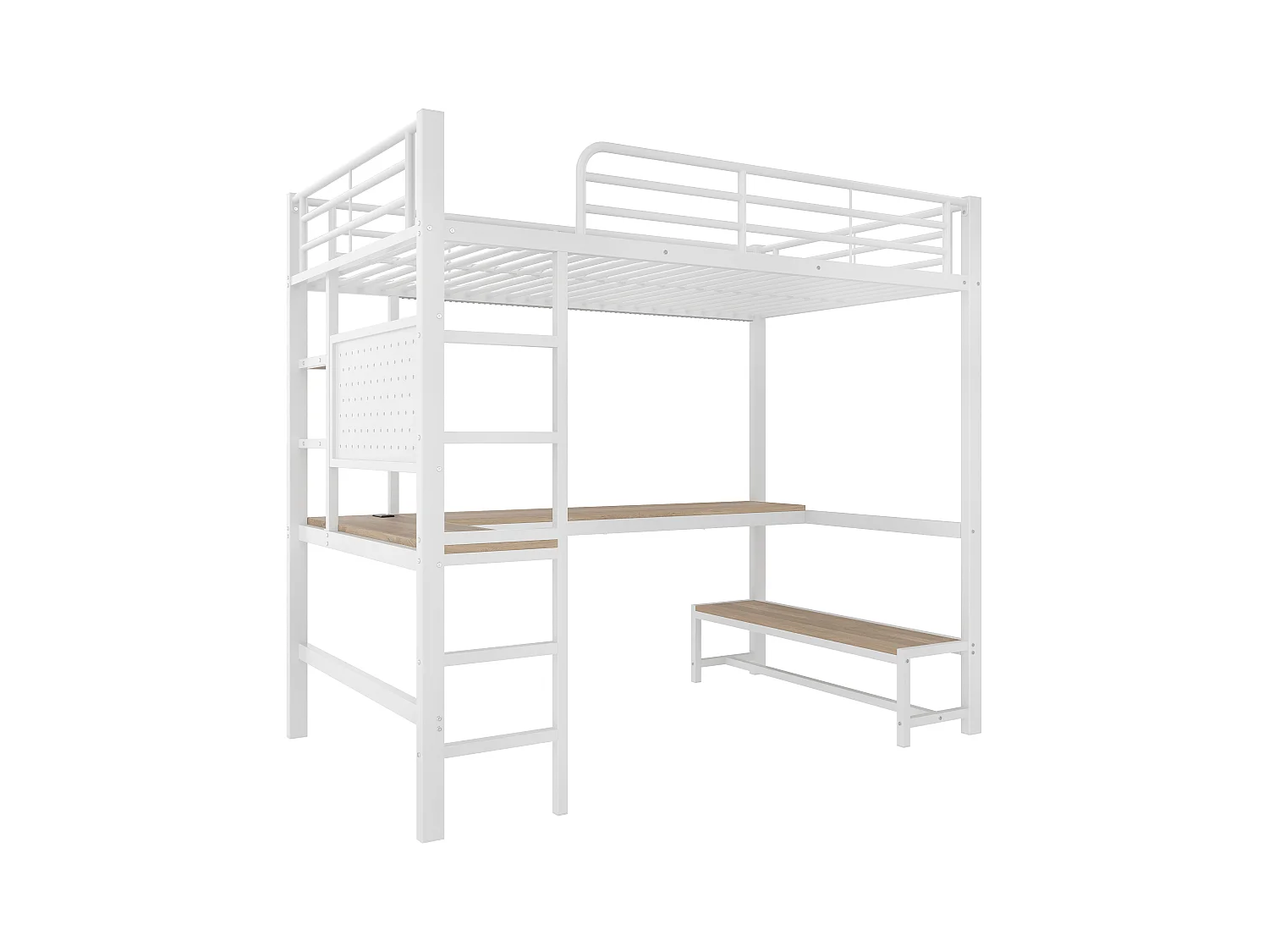 Cama mezzanine 90x200cm - com secretária + corrimão - com portas USB + Type-C - com faixa de luz LED - branca