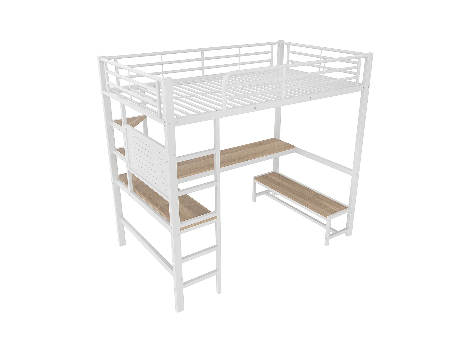 Cama mezzanine 90x200cm - com secretária + corrimão - com portas USB + Type-C - com faixa de luz LED - branca