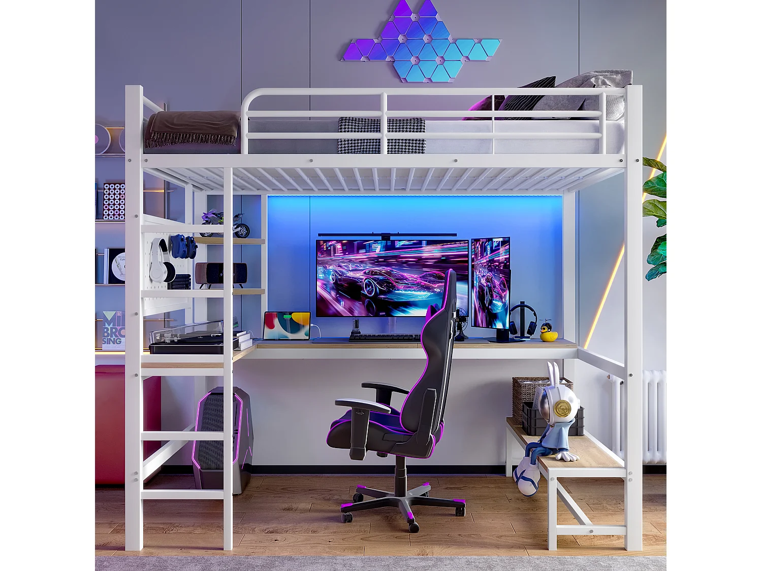 Lit mezzanine 90x200cm - avec bureau + garde-corps - avec prises USB + Type-C - avec bande lumineuse LED - blanc